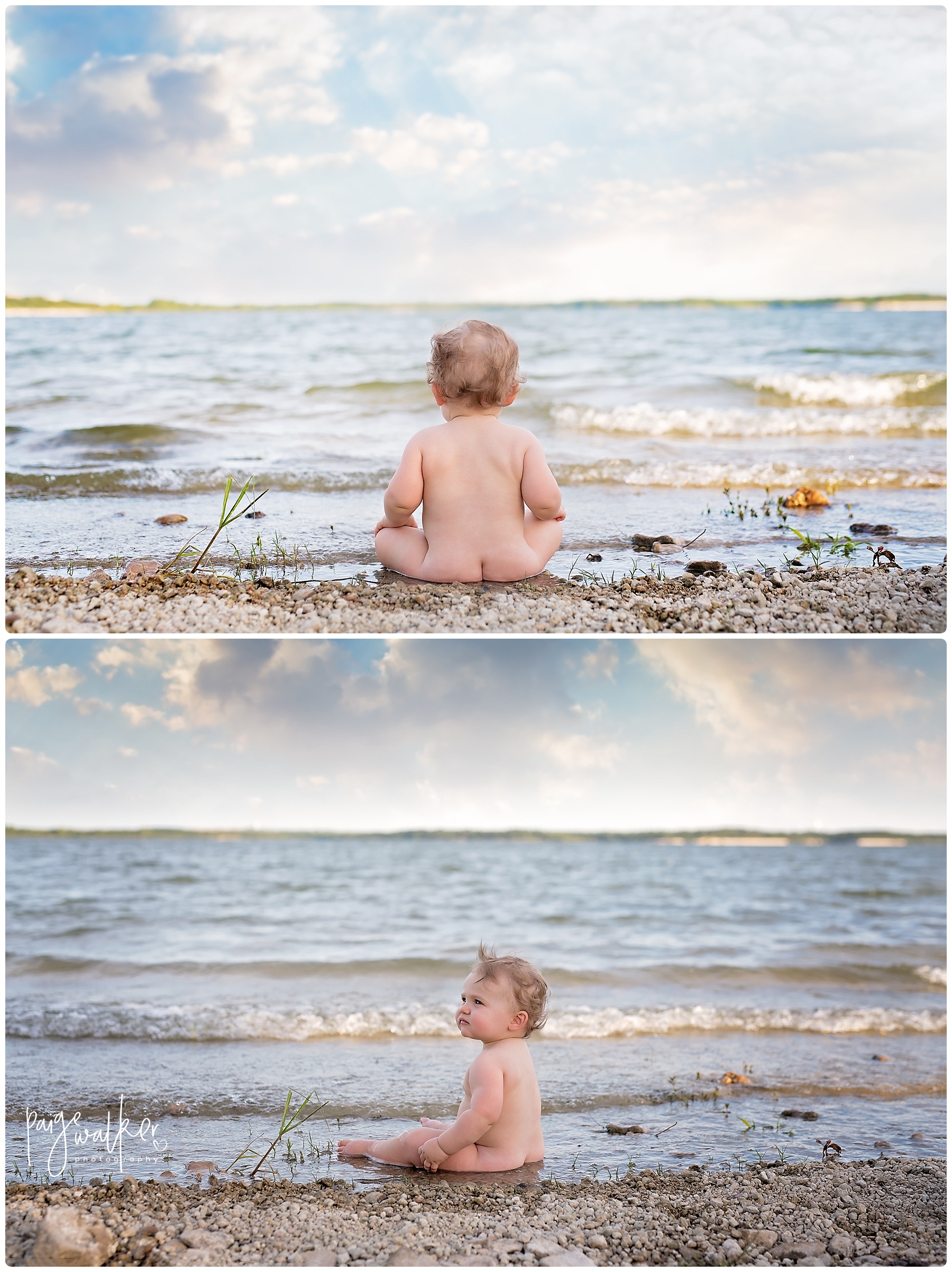 naked one year old sitting a the beach
