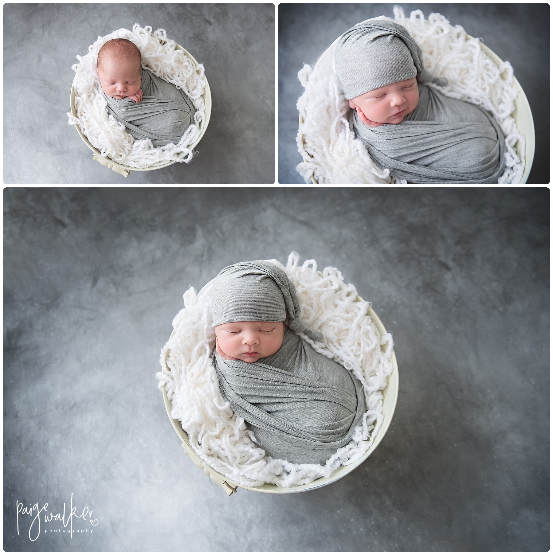 newborn boy in gray wrap in a bucket from above