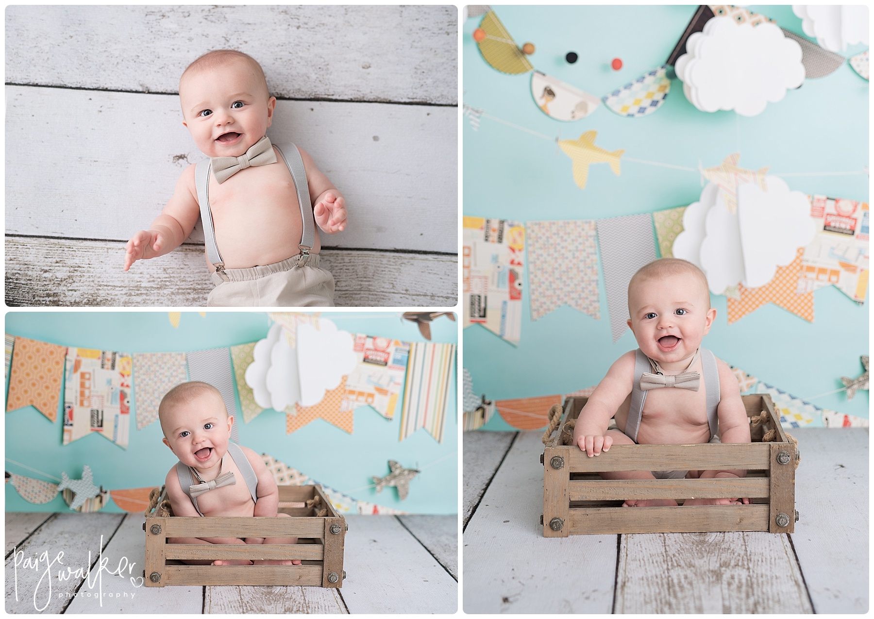 six month old boy sitting in wooden crate