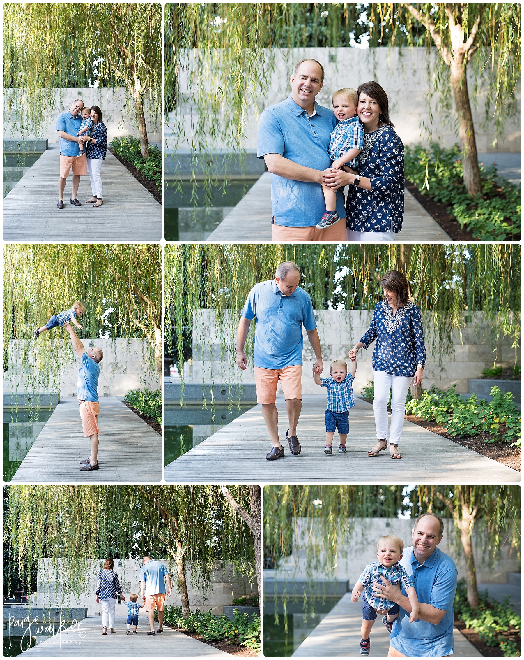 family walking together by a weeping willow tree