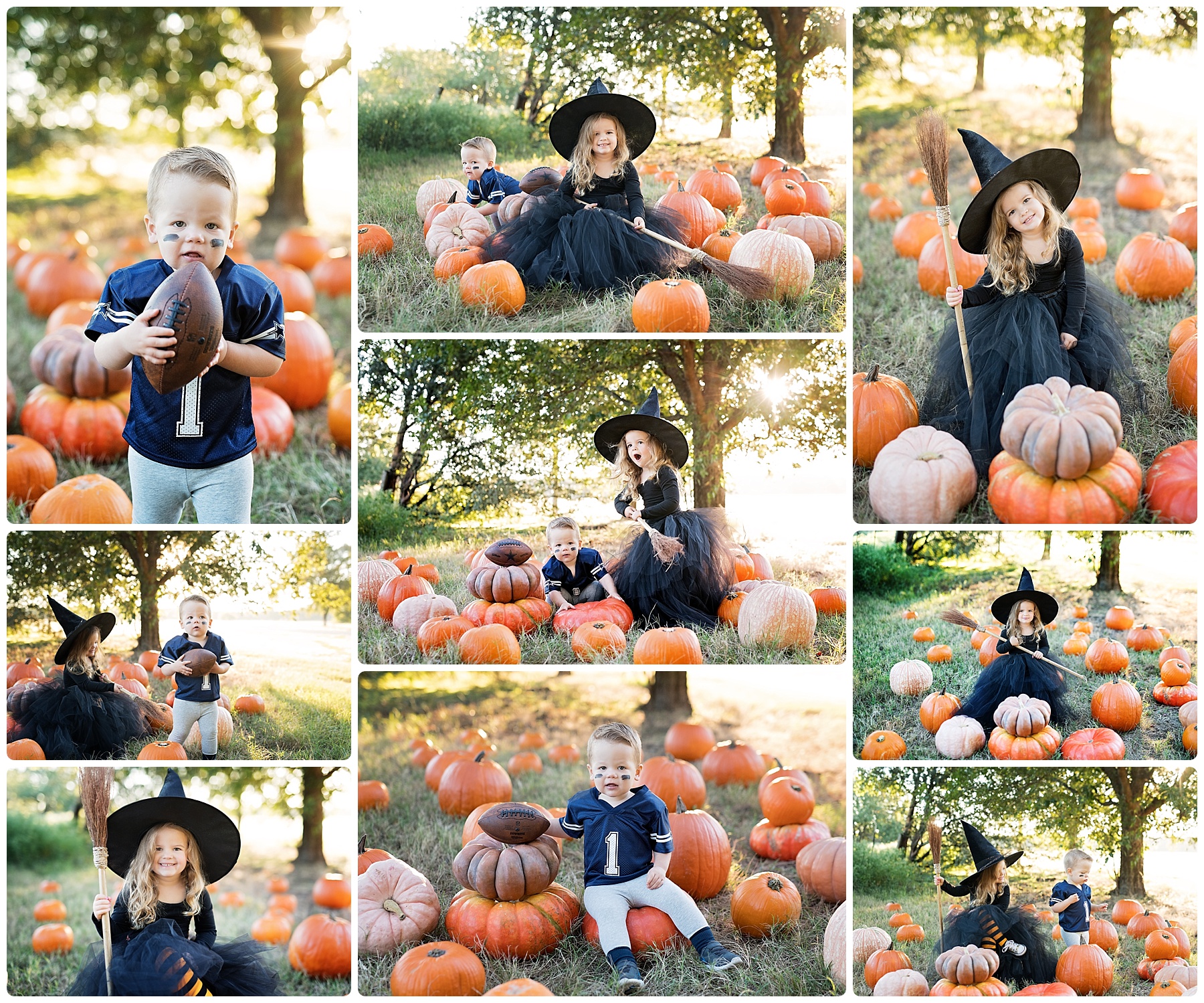 brother and sister in their Halloween costumes in a pumpkin patch