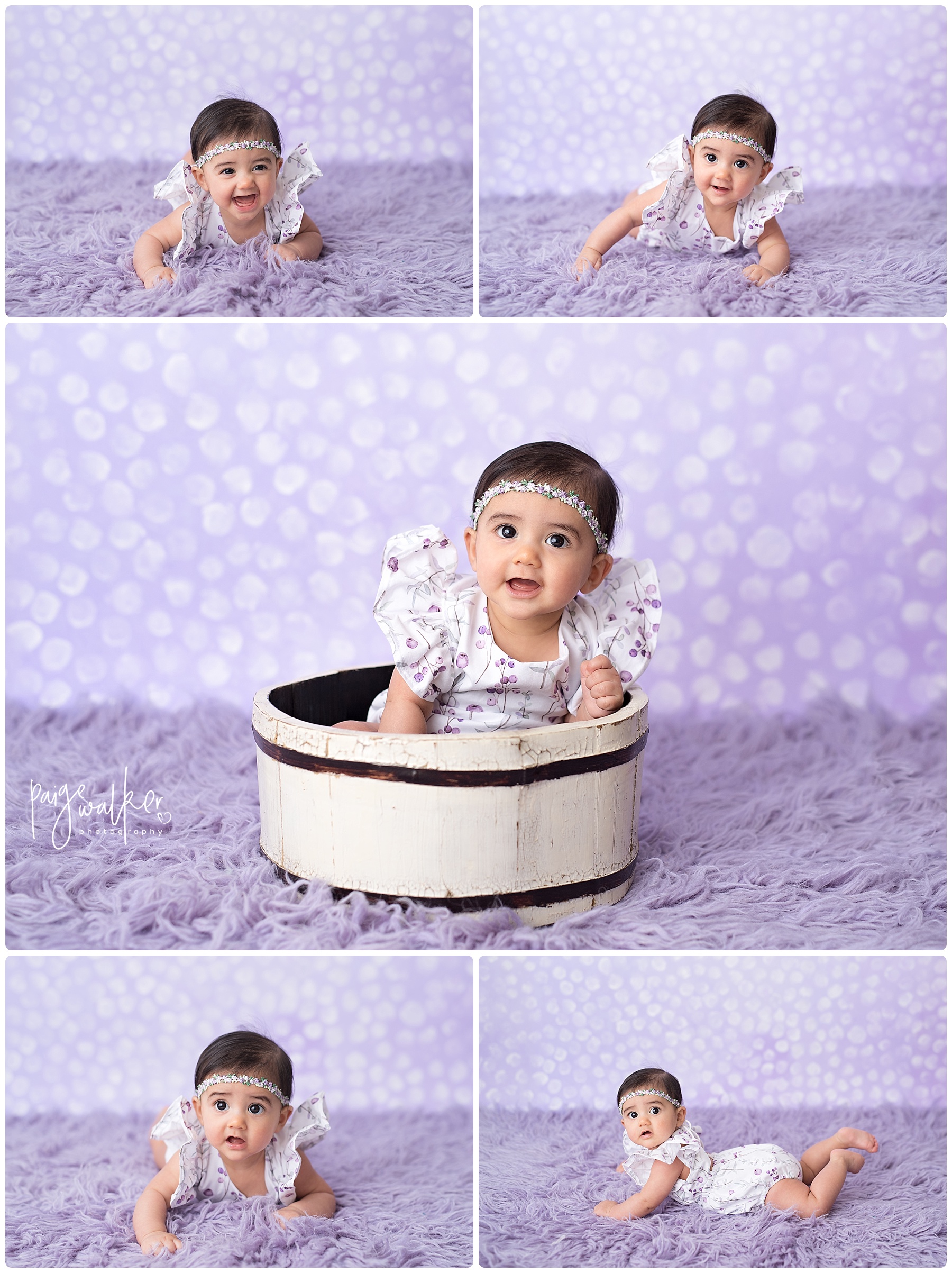 six month old girl sitting in a white bucket
