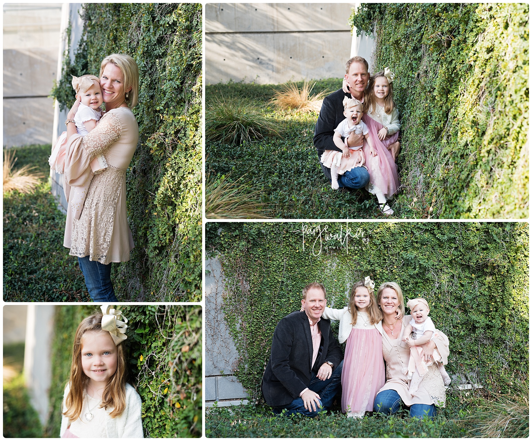 family of four leaning against an ivy wall