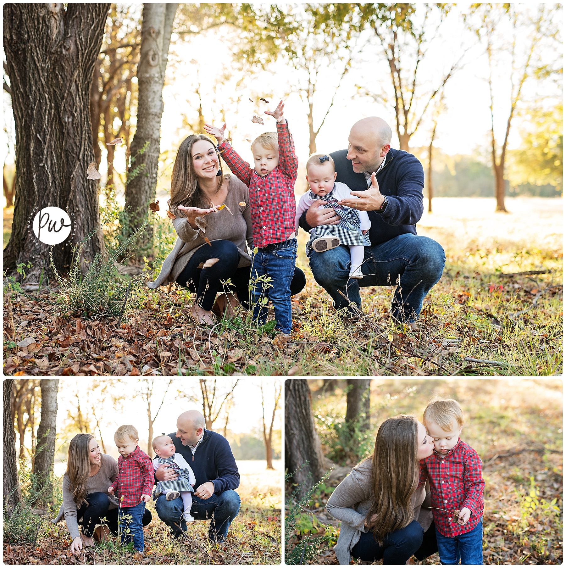 family of four playing in the leaves
