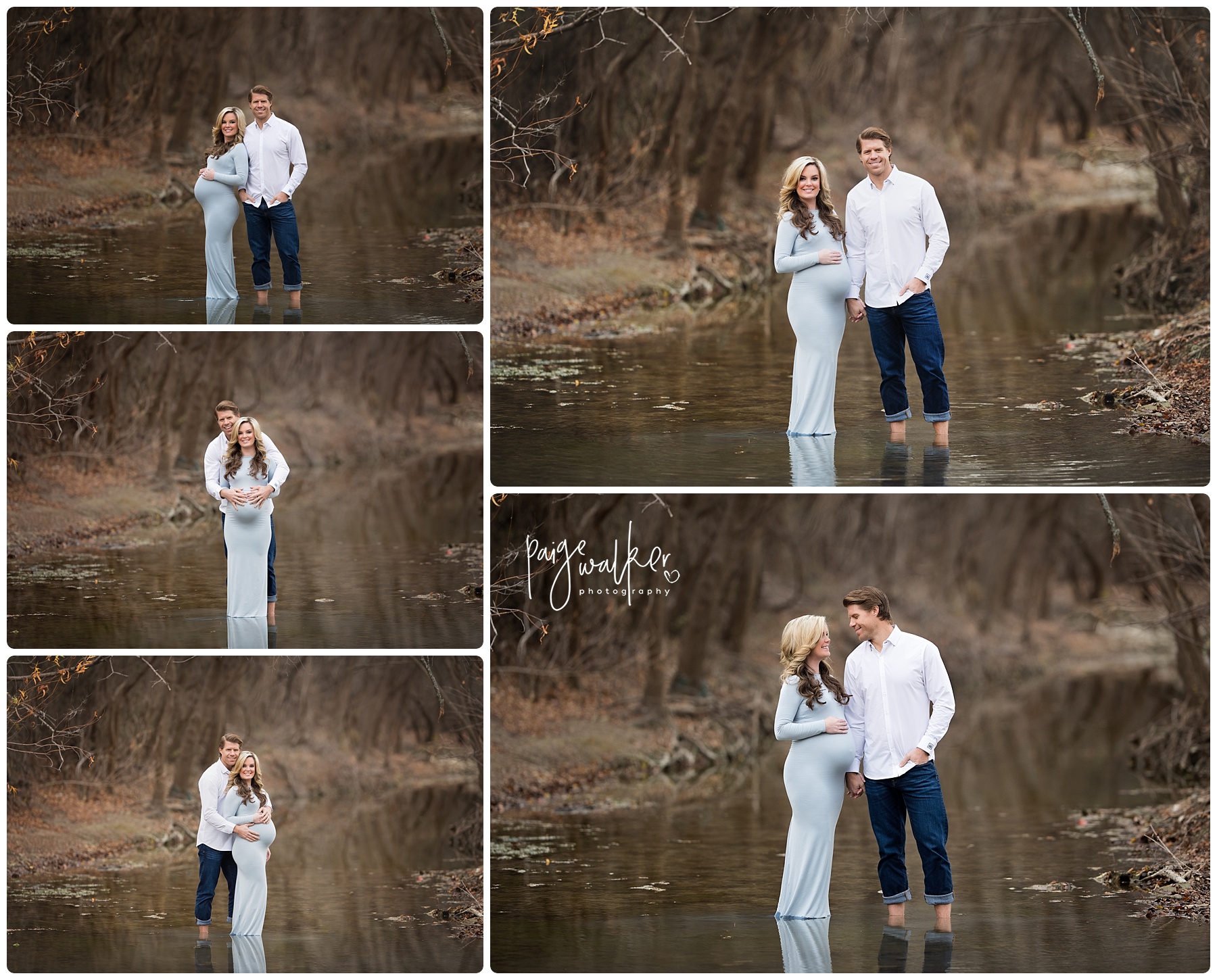 pregnant mom to be and dad standing in a creek