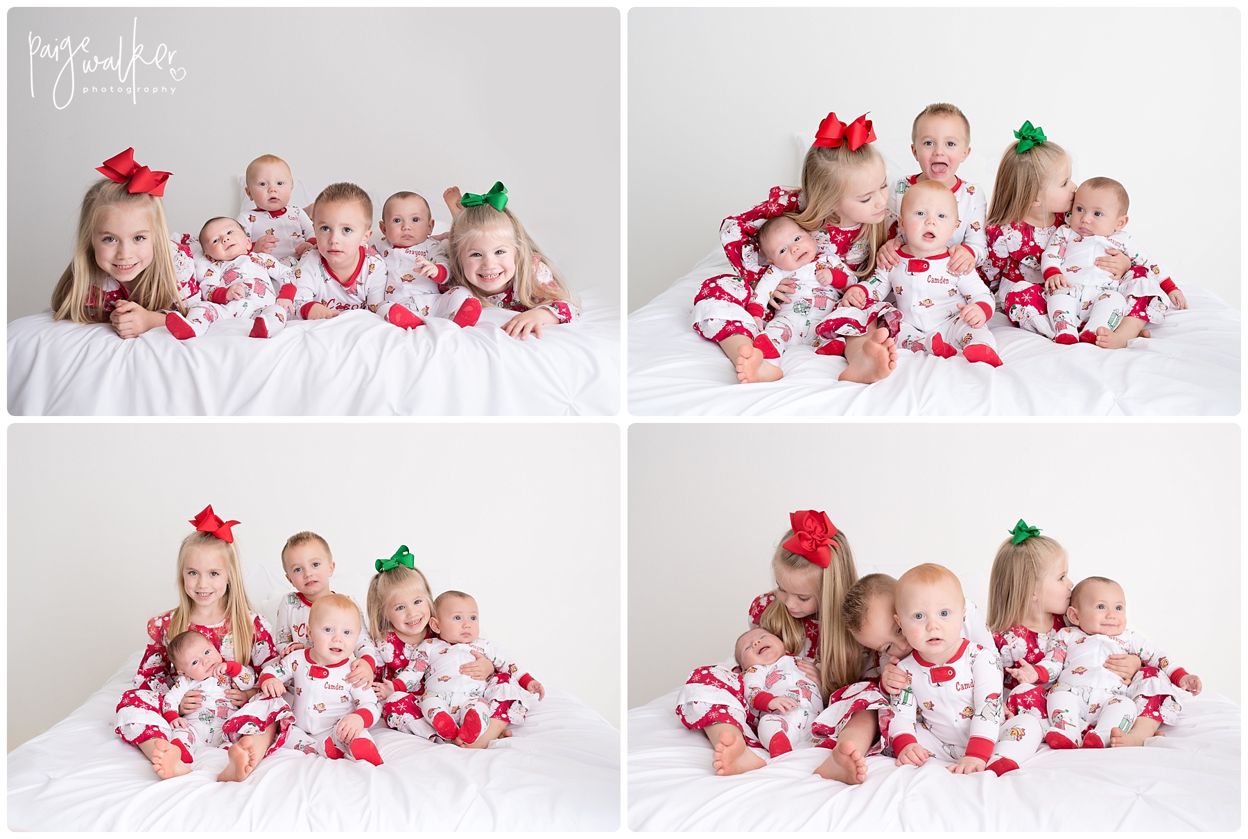 cousins laying together in their Christmas pjs