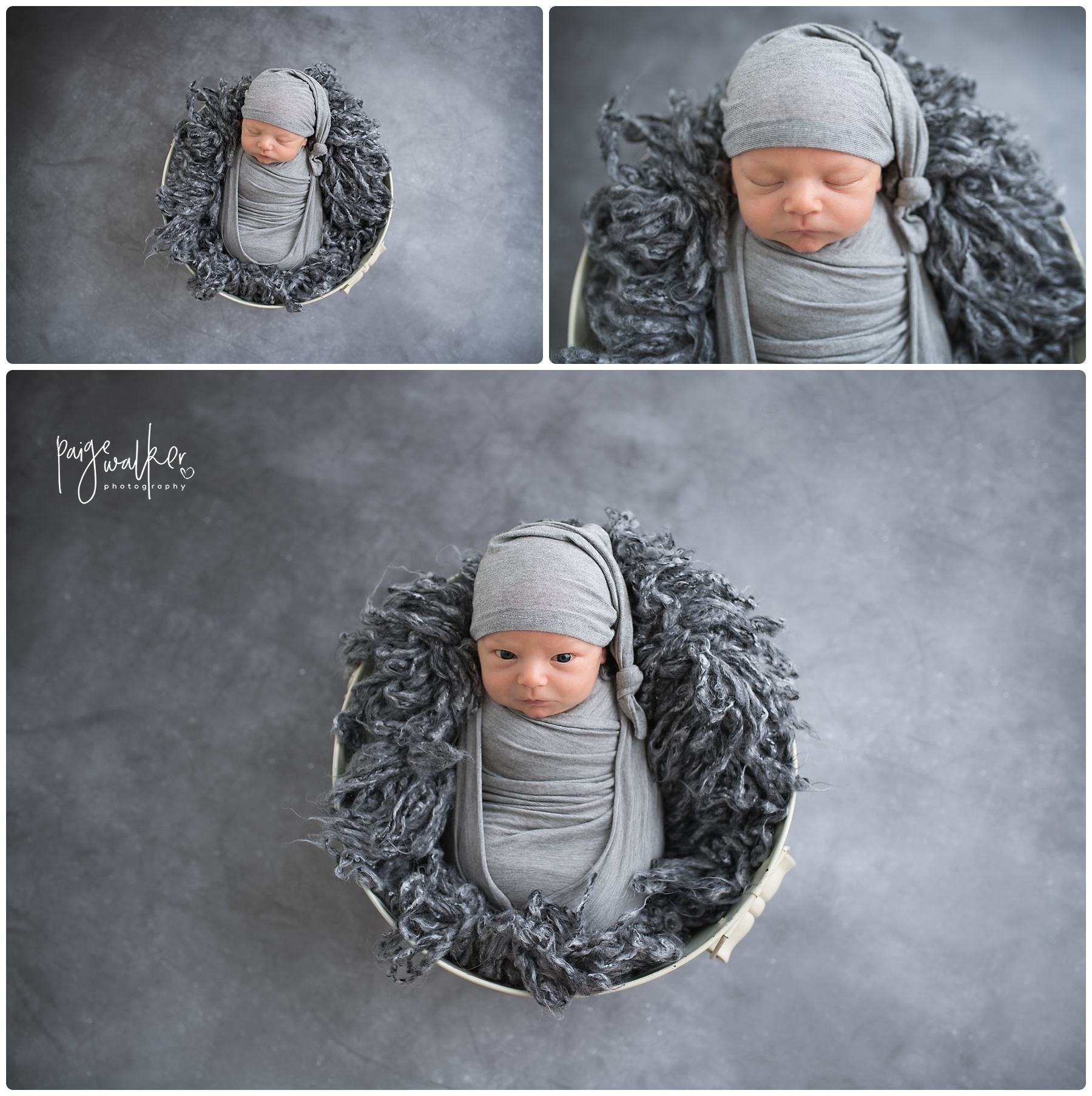 newborn in a gray wrap