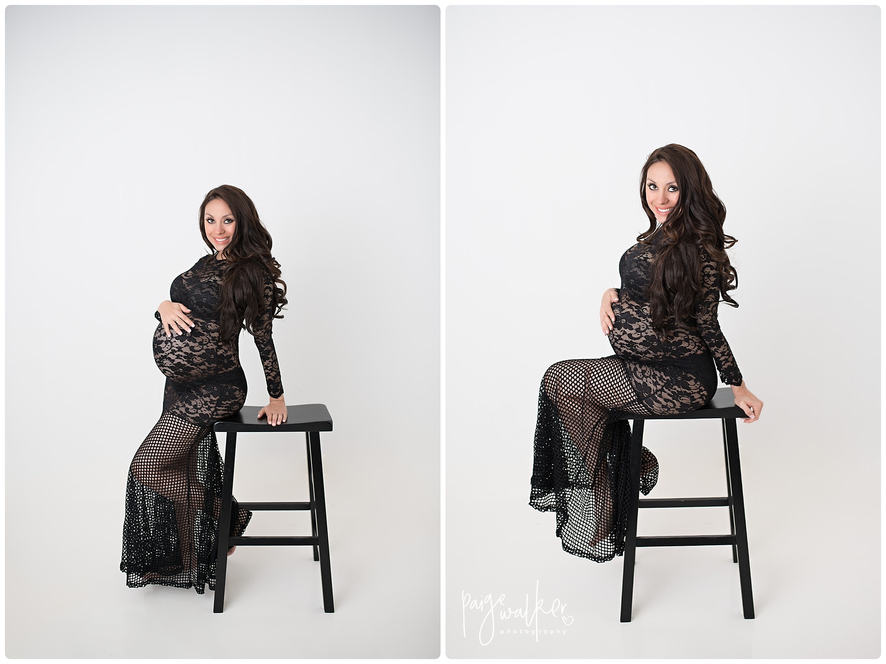 mom to be sitting on a stool in a black maternity gown