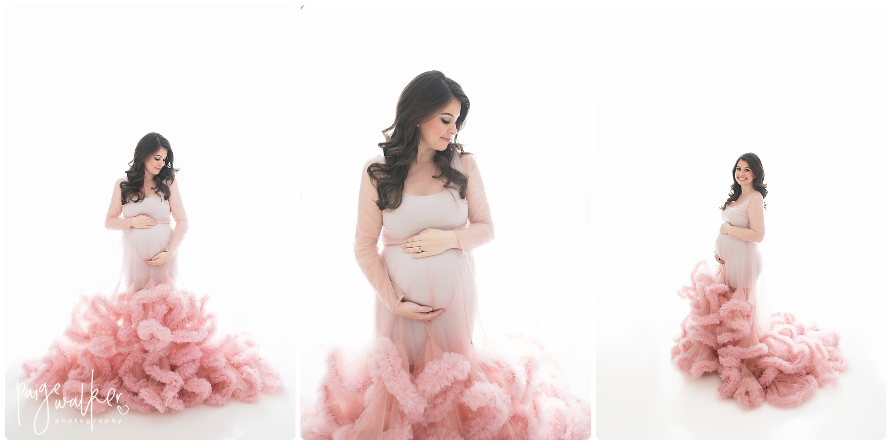 pink glamorous dress in the studio being modeled by a pregnant mom