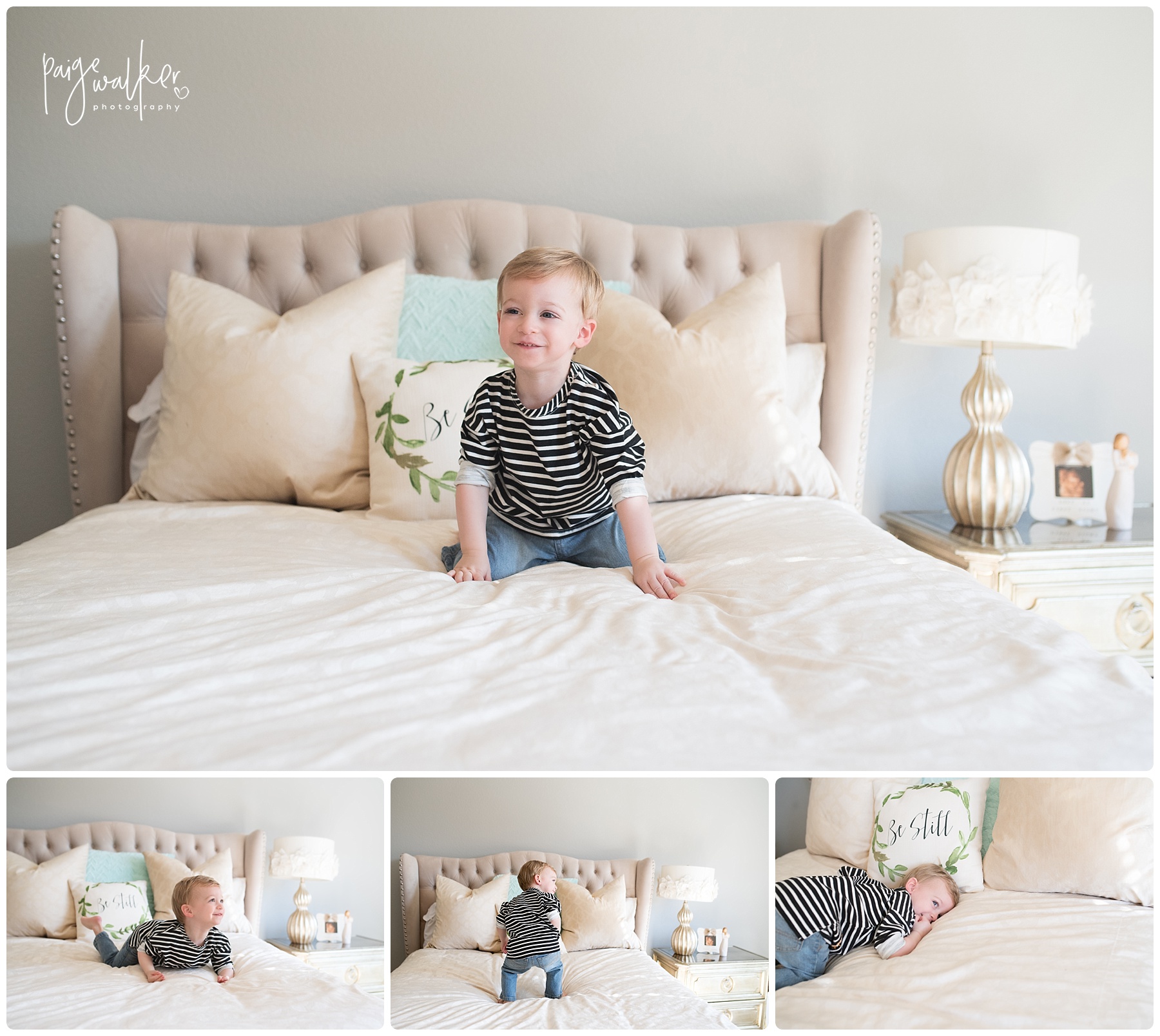 little boy playing on a white bed