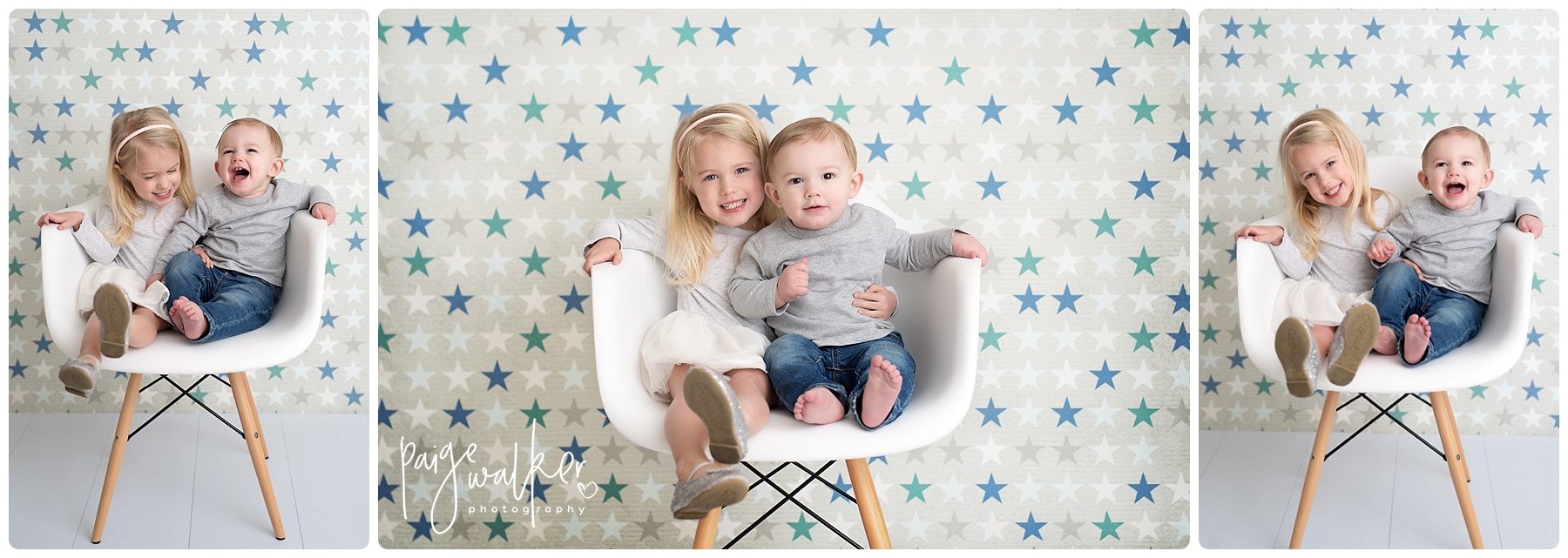 siblings together in a white chair