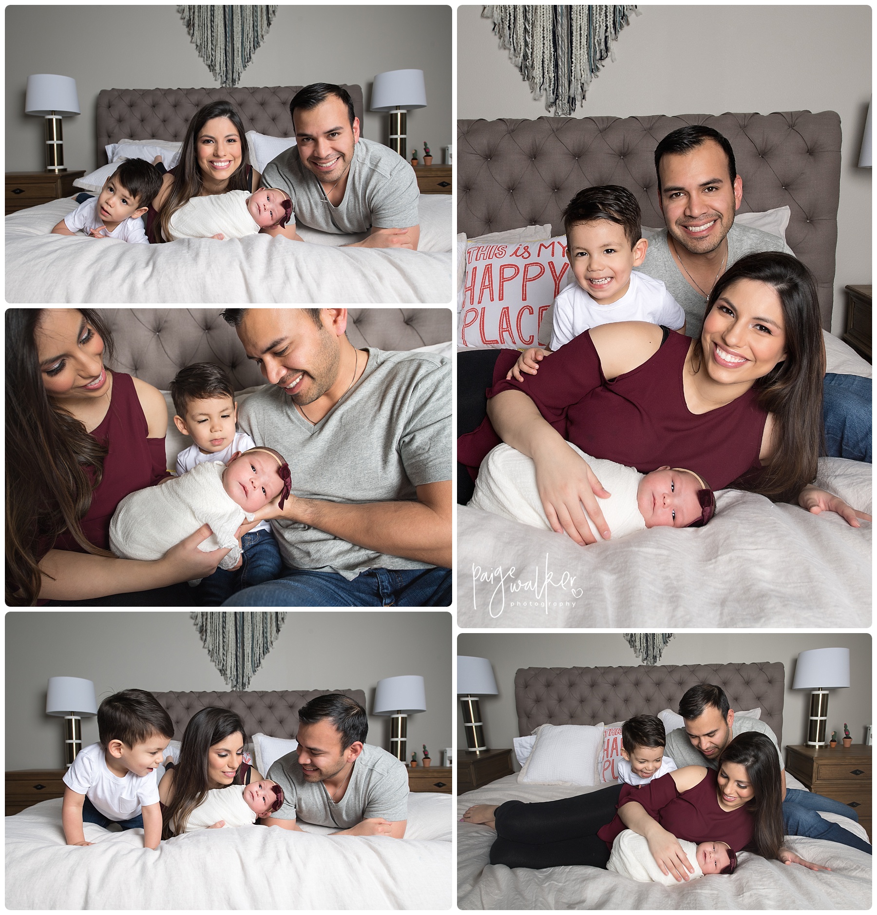 family on the parents bed with their newborn