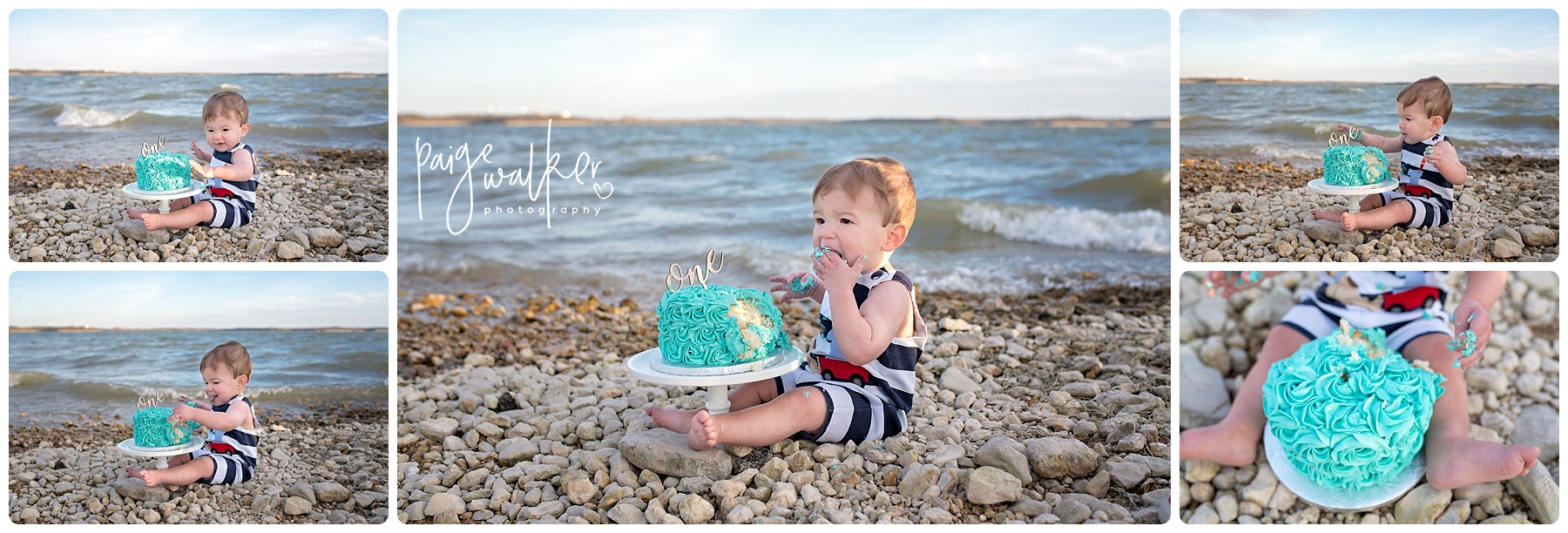 one year old with his cake smash near the lake