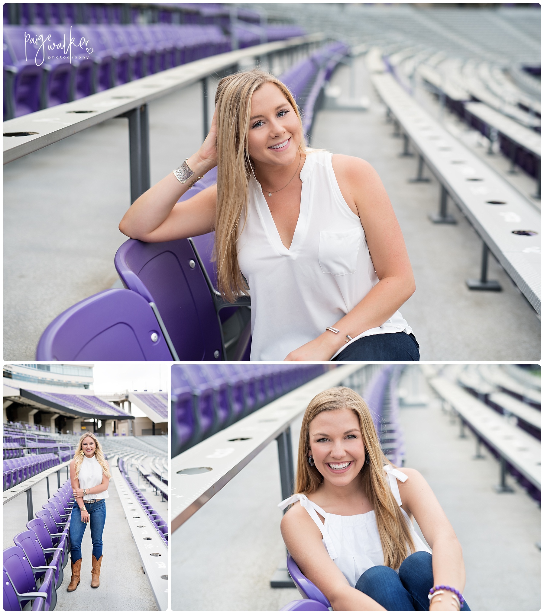 TCU senior girls in the stadium purple chairs