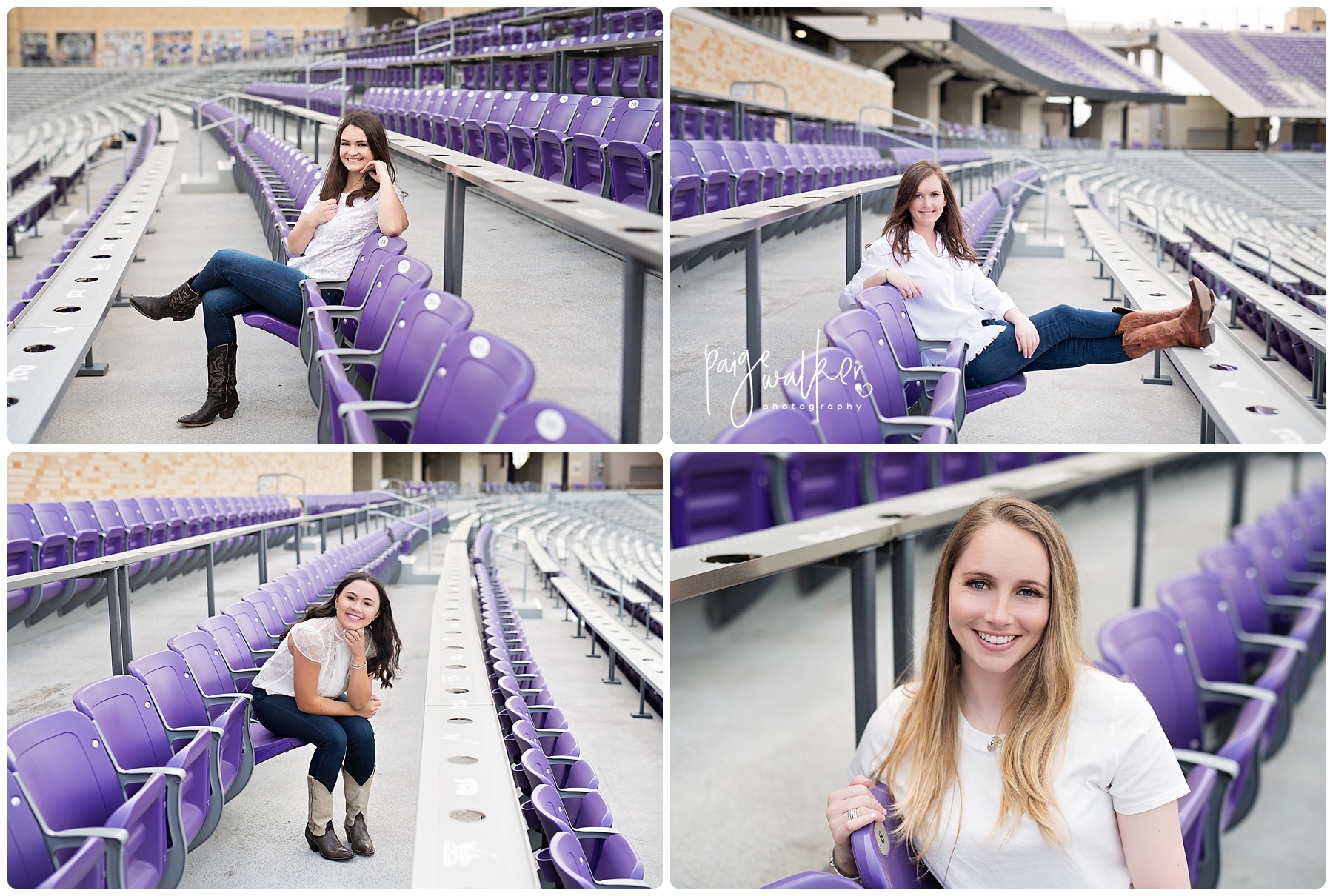 Senior girl sitting in purple chairs at TCU stadium