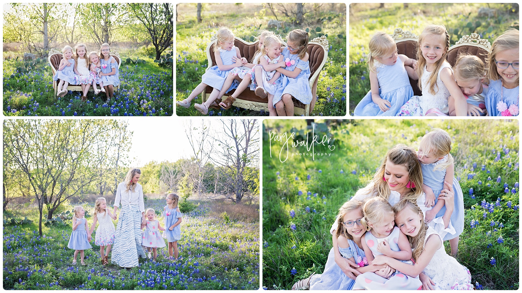 four sisters sitting together in bluebonnets