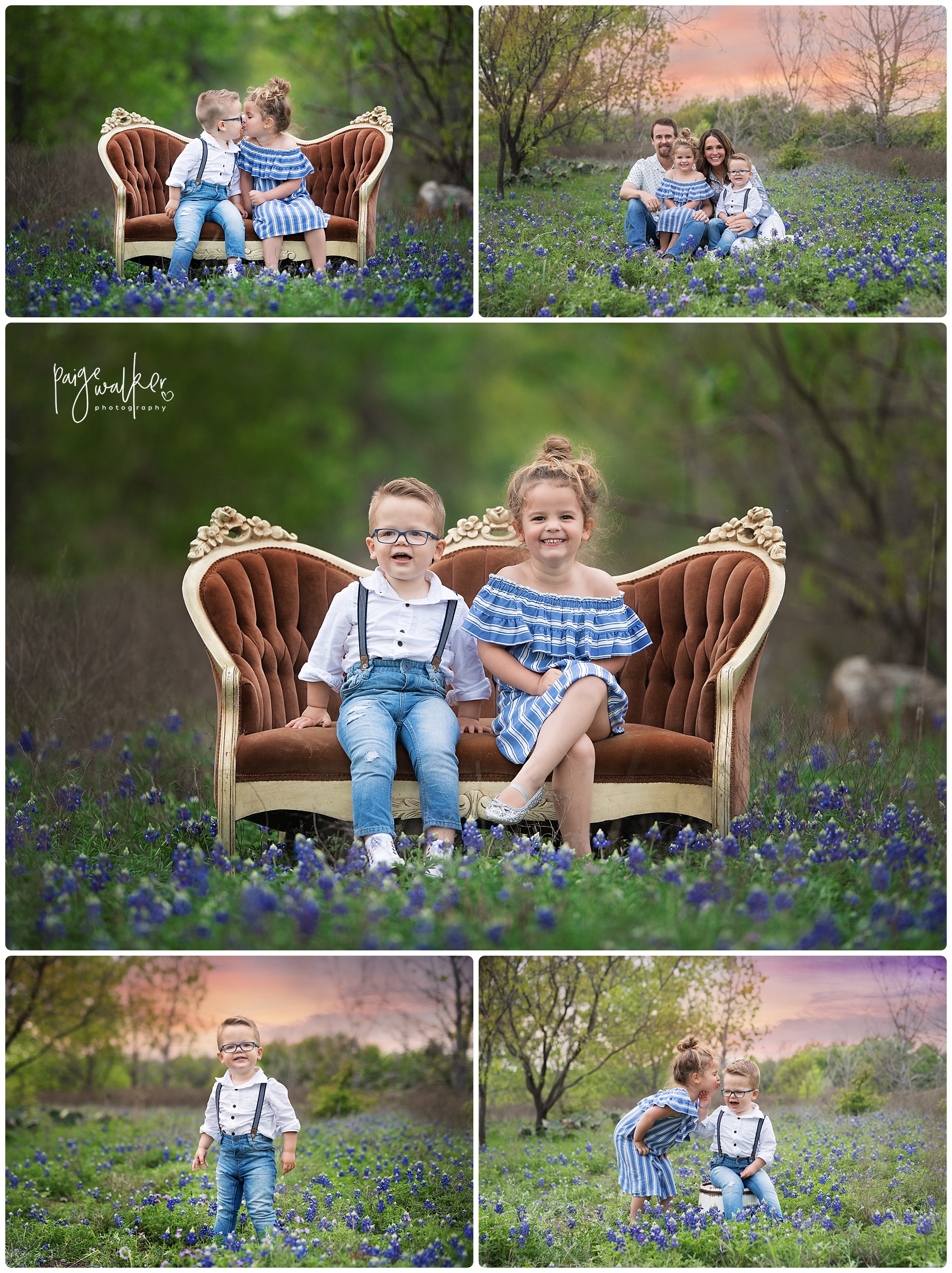 brother and sister sitting on a couch in the bluebonnets