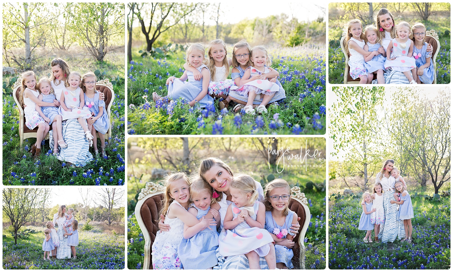 mom and her four daughters in the bluebonnets