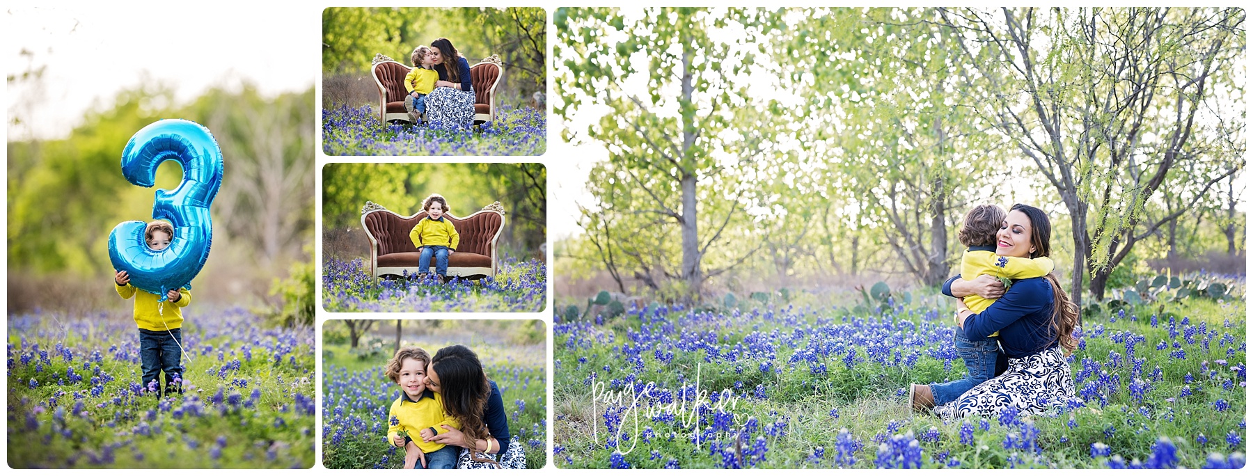 son and mom sitting in the bluebonnets