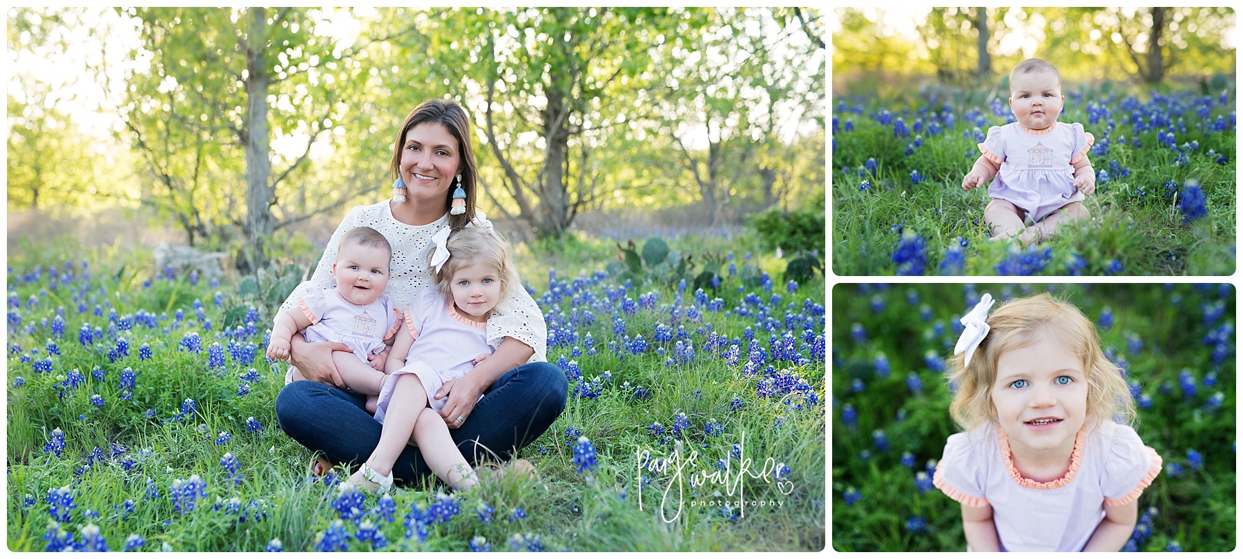 mom and two daughters sitting in the bluebonnets
