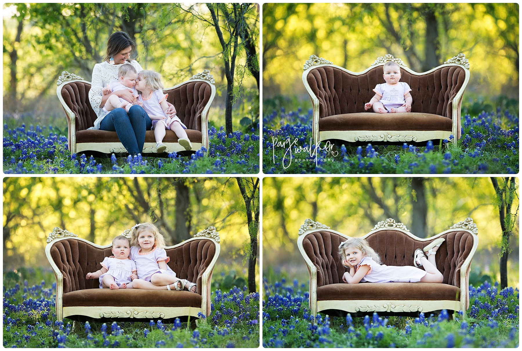 mom and daughters sitting on a couch in the bluebonnets