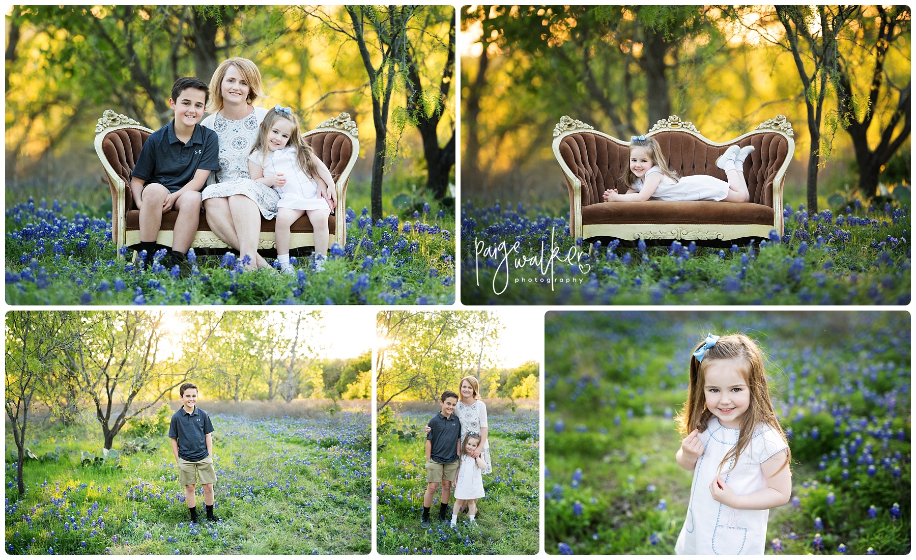 sister and brother playing in the bluebonnets