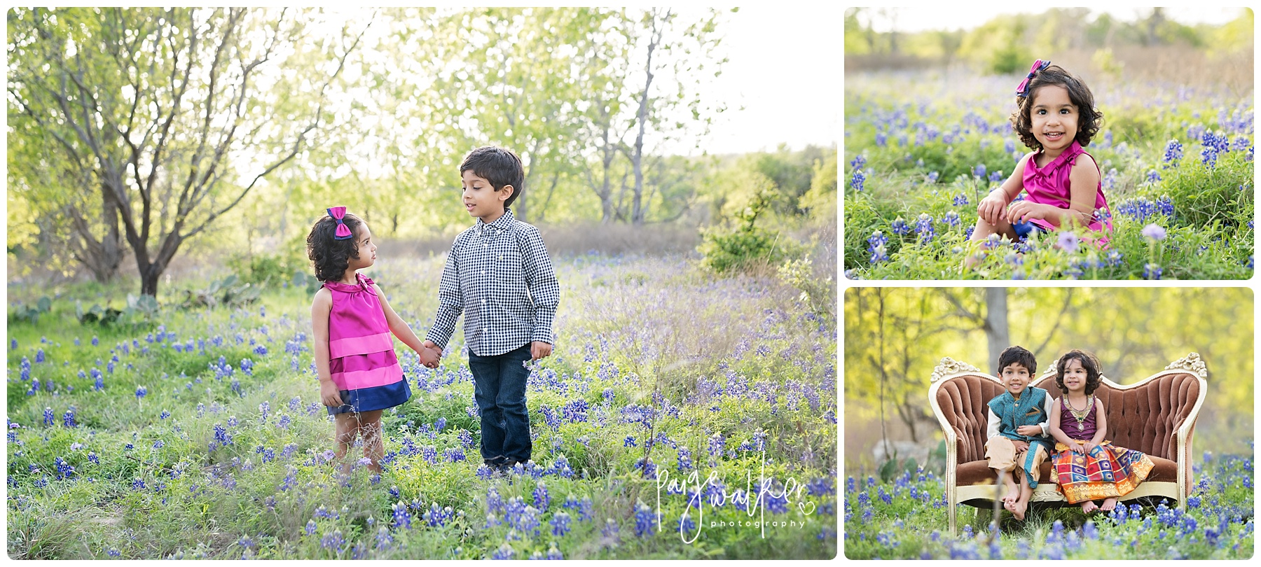 brother and sister walking through bluebonnets