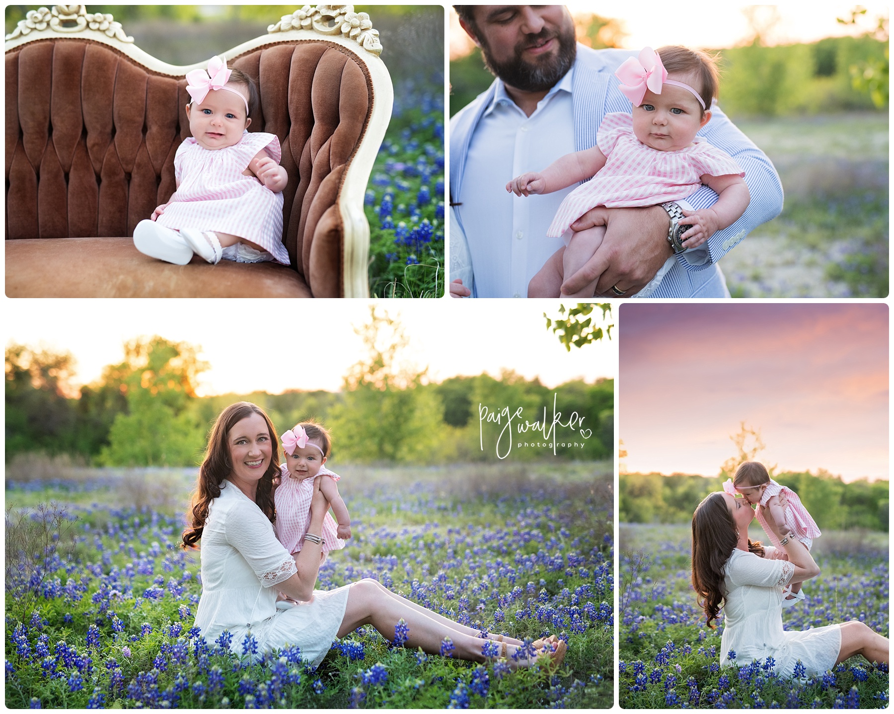 mom and dad with their daughter in the bluebonnets