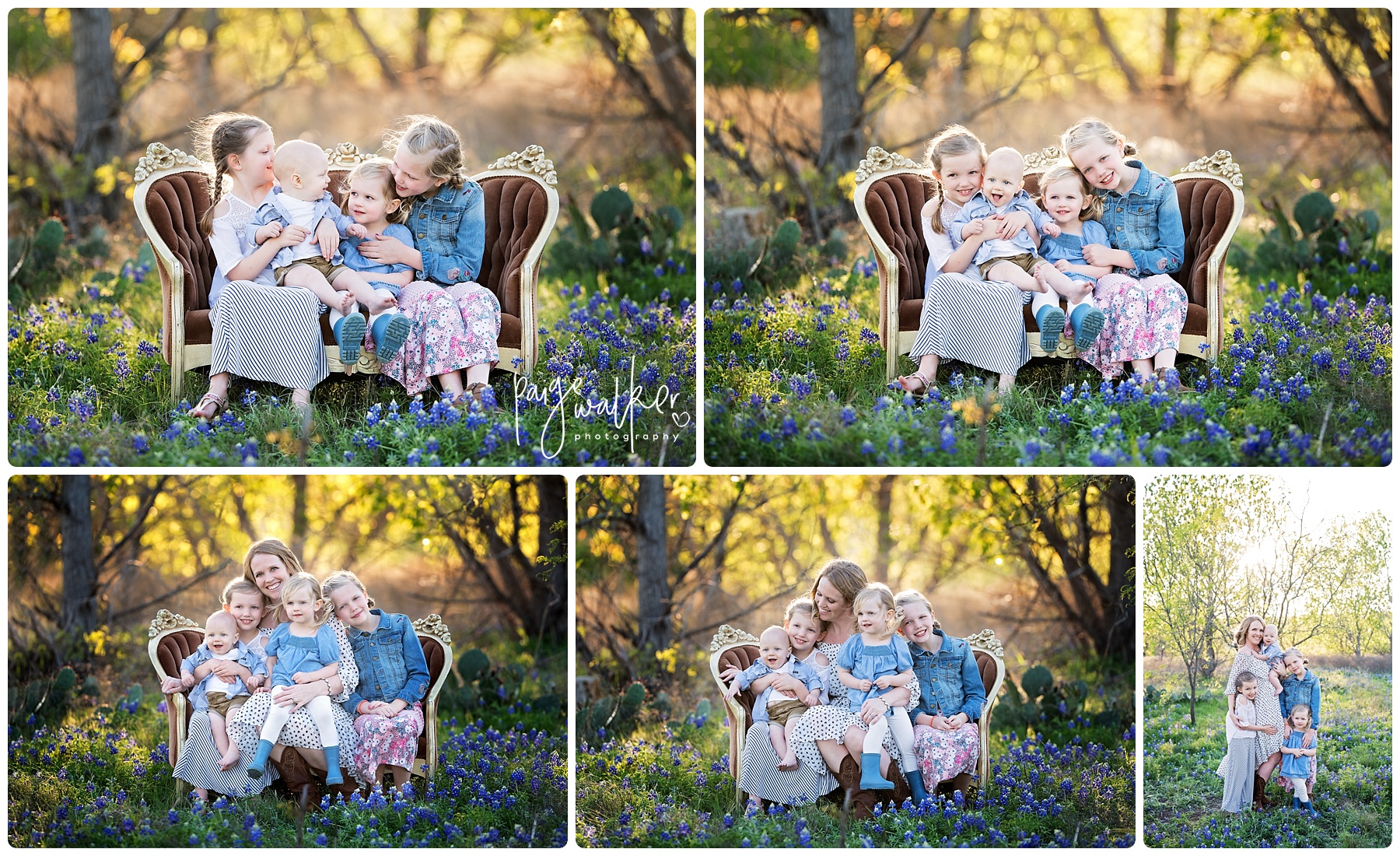 mom and her four kids sitting on a couch in the bluebonnets