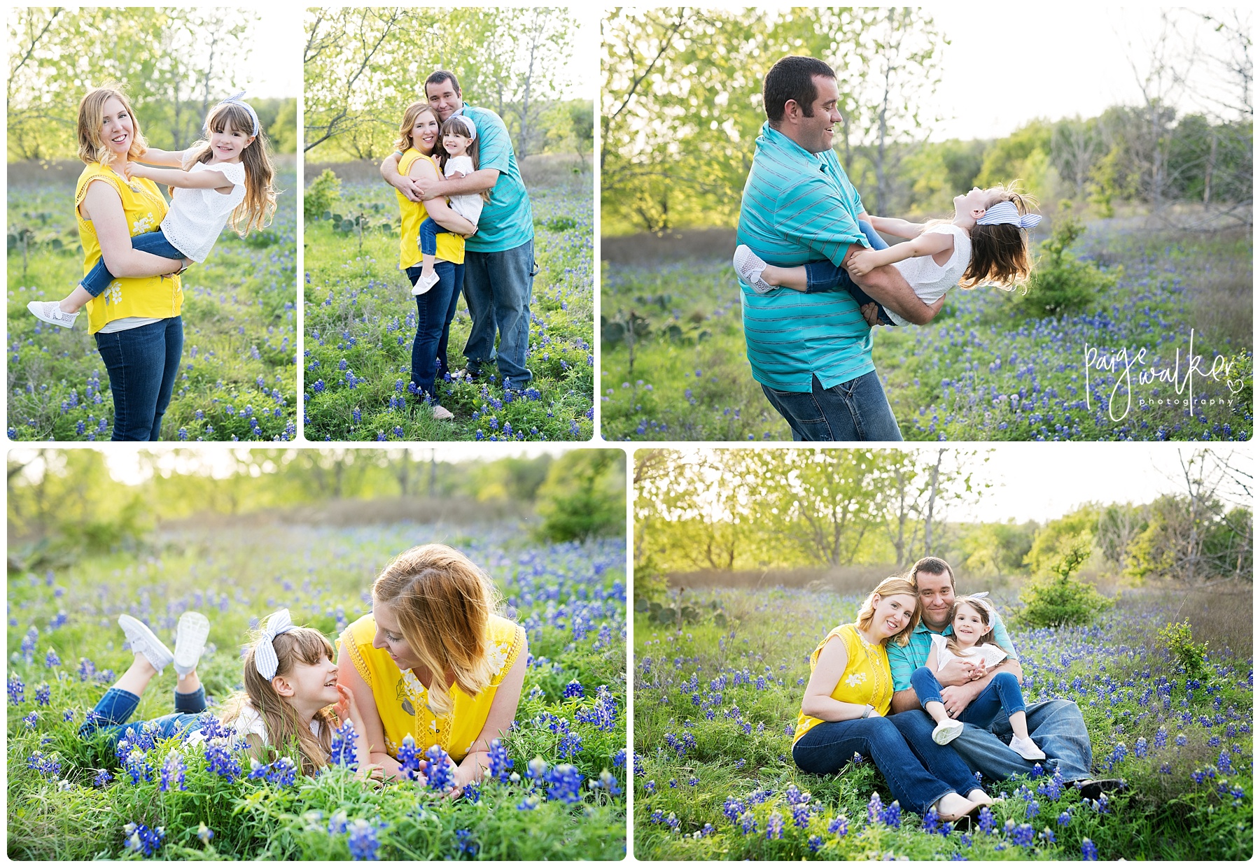 mom dad and daughter playing in the bluebonnets