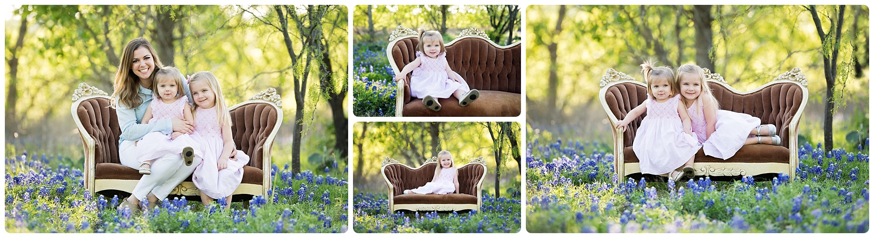 little girls sitting on a couch in the bluebonnets