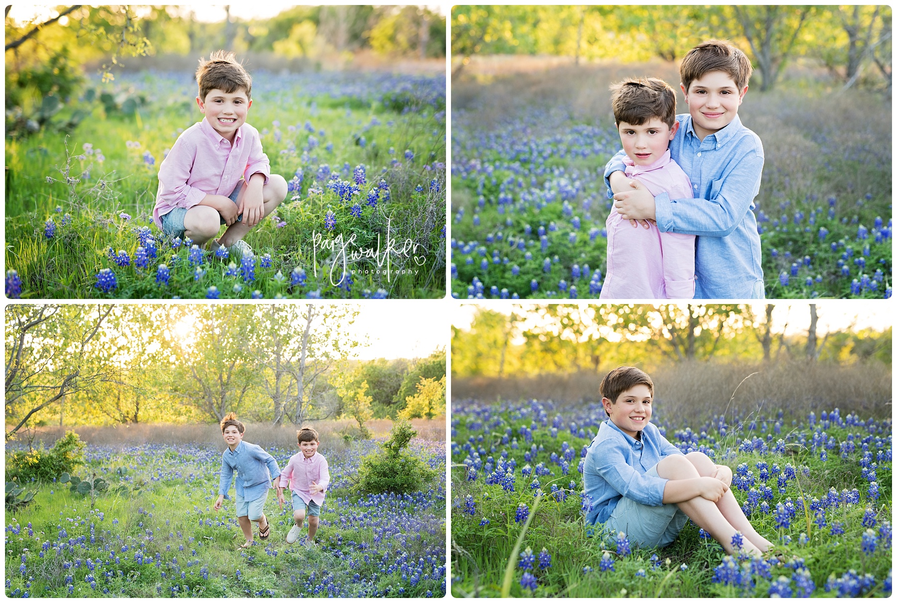 brothers running through bluebonnets