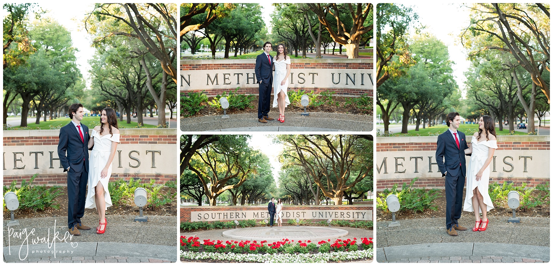 brother and sister SMU seniors in front of the big sign