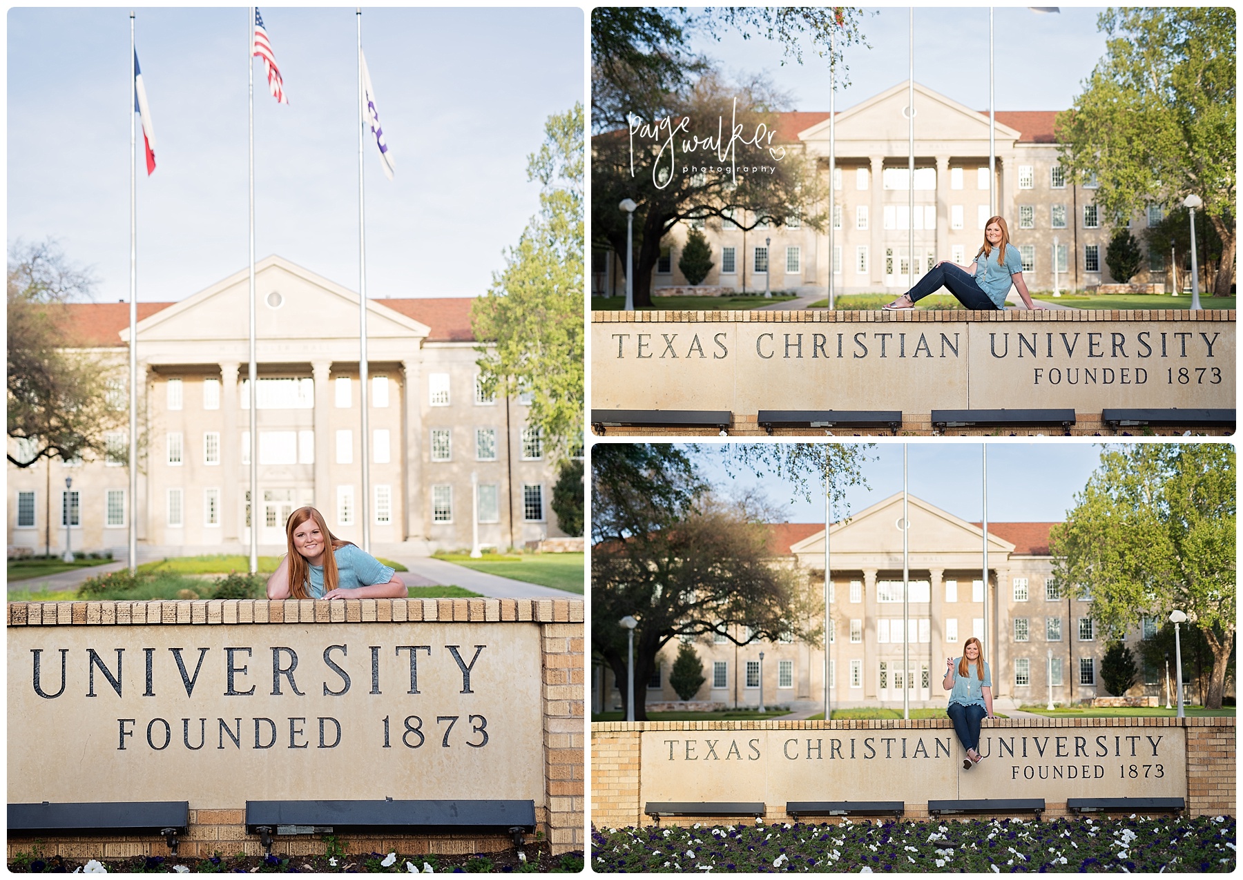 senior girl in front of the campus sign