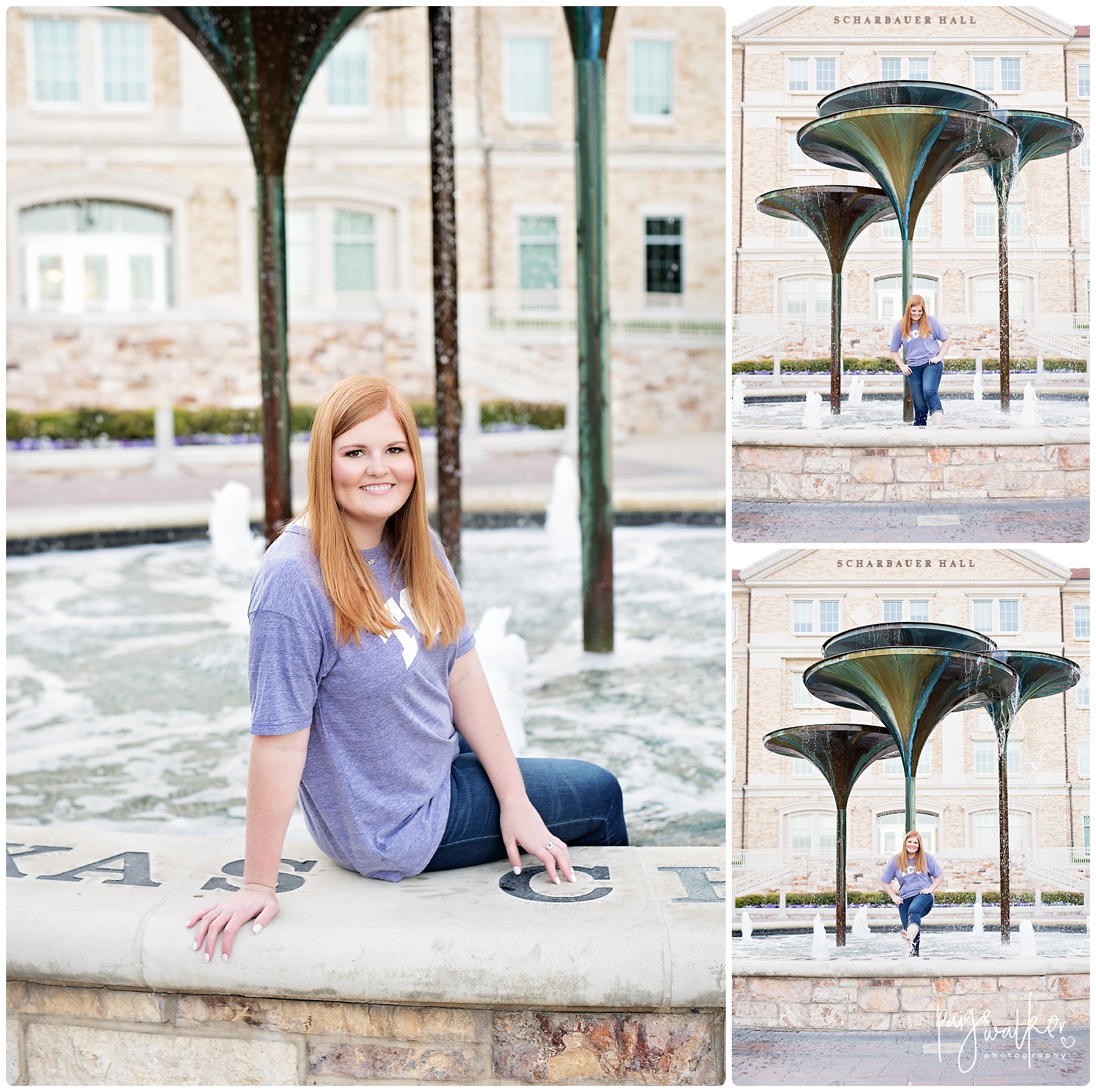 college senior sitting in the frog fountain