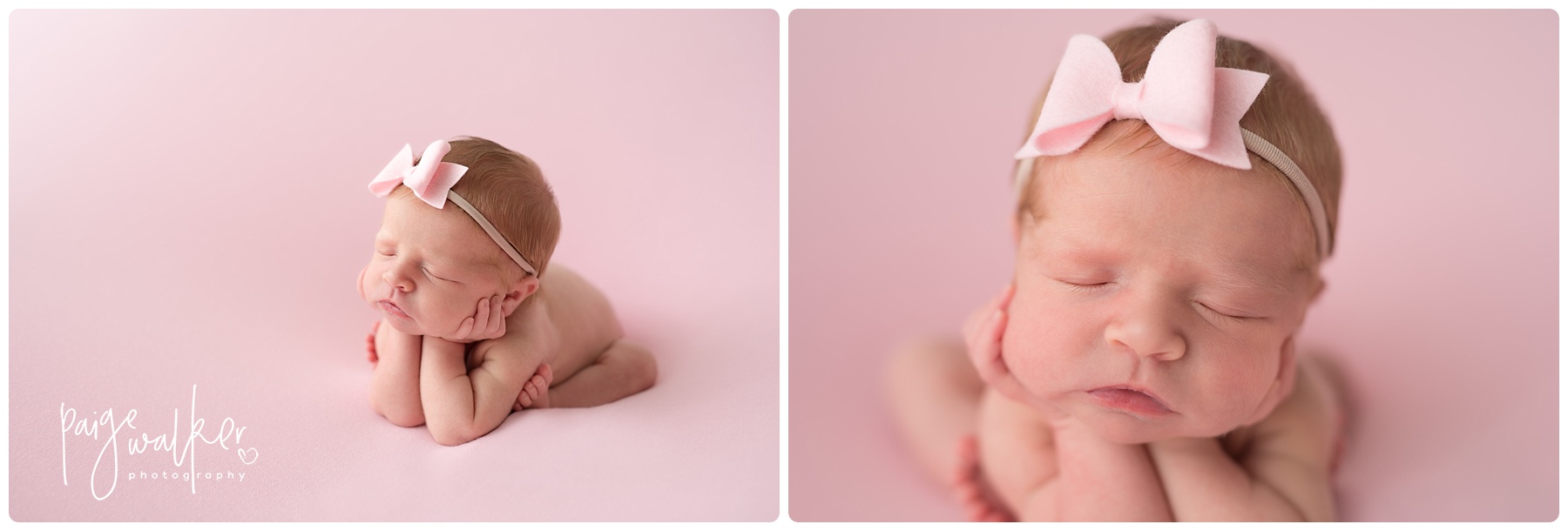 froggy pose with a pink bow on a newborn girl