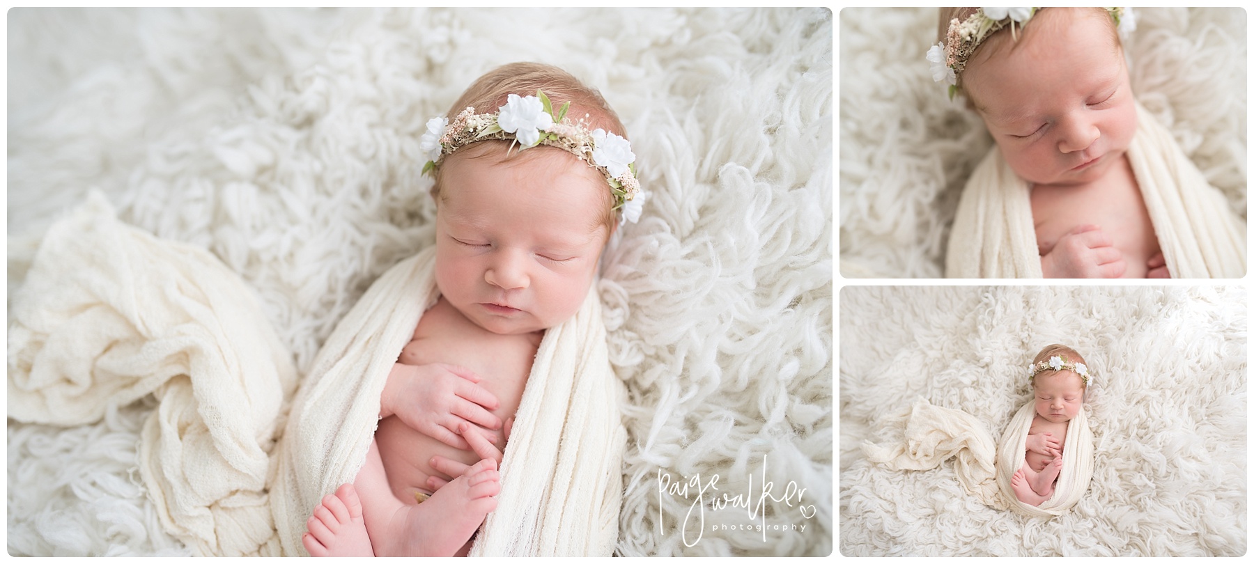 newborn girl wrapped in white on a white rug