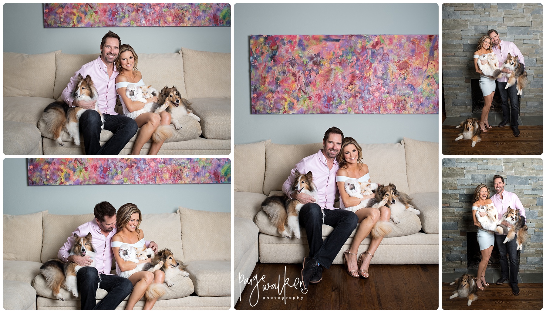engaged couple at home with their two dogs and two cats