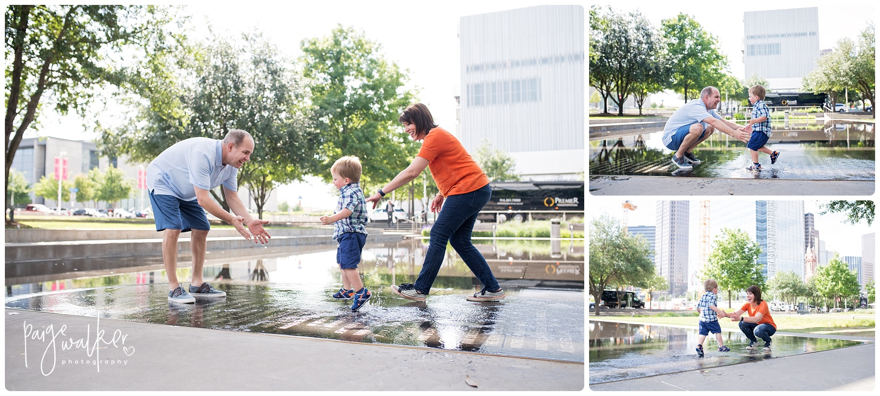 mom and dad playing with their son in a reflecting pool