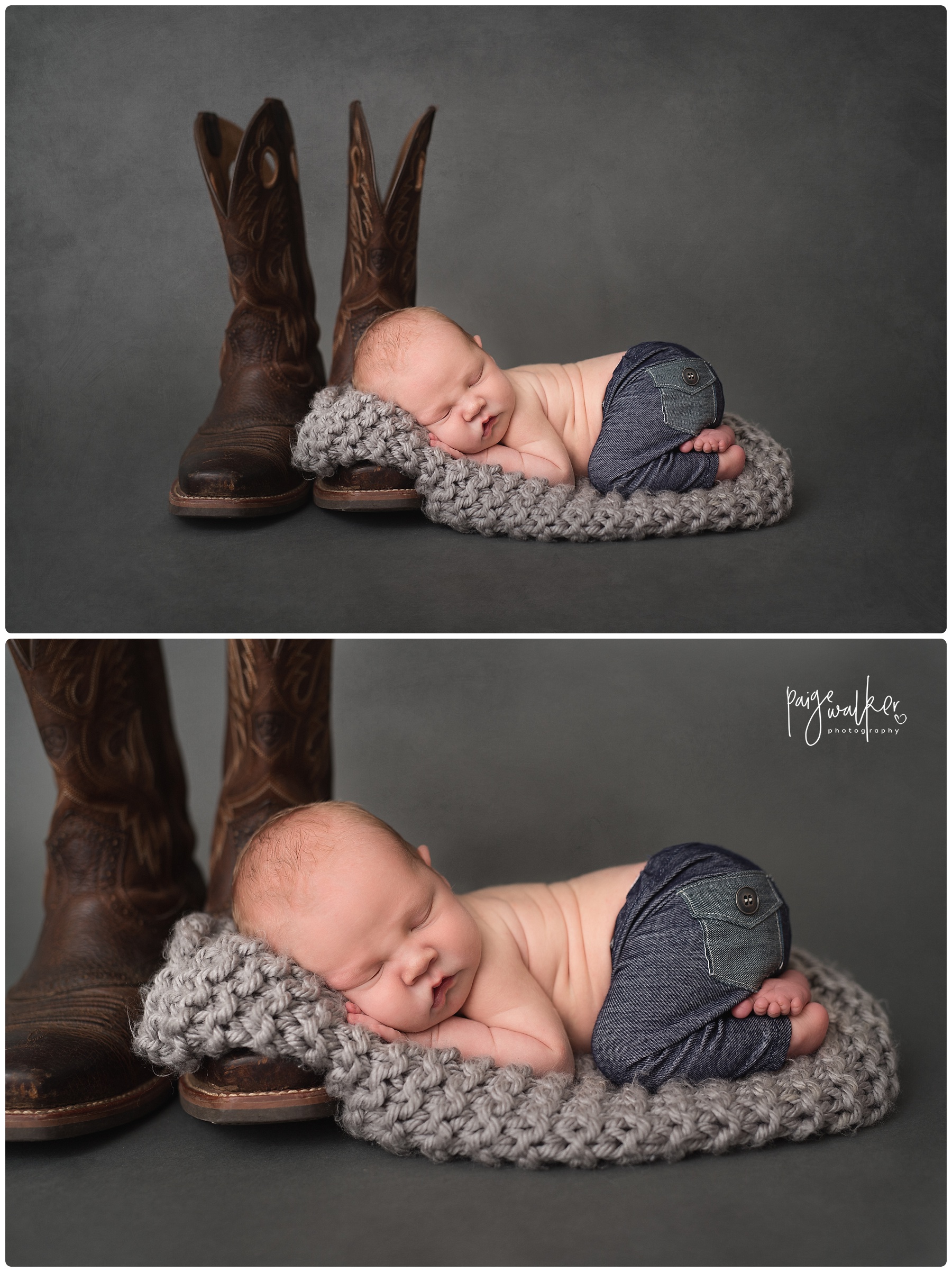 newborn boy laying on grandpas boots