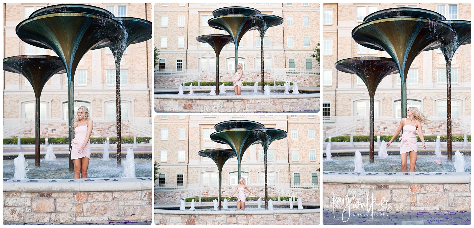senior girl playing in the frog fountain