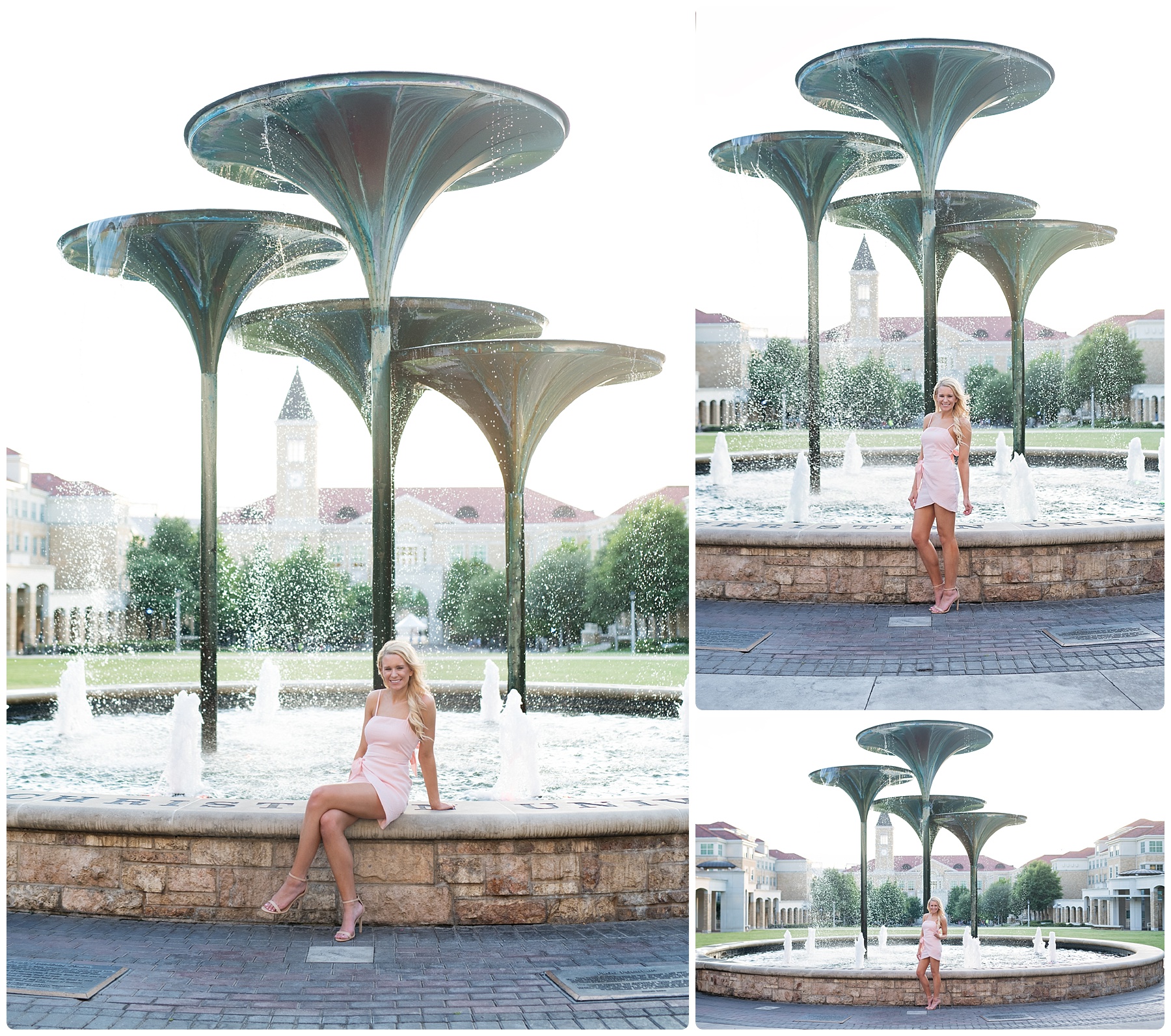 college senior girl in front of the frog fountain