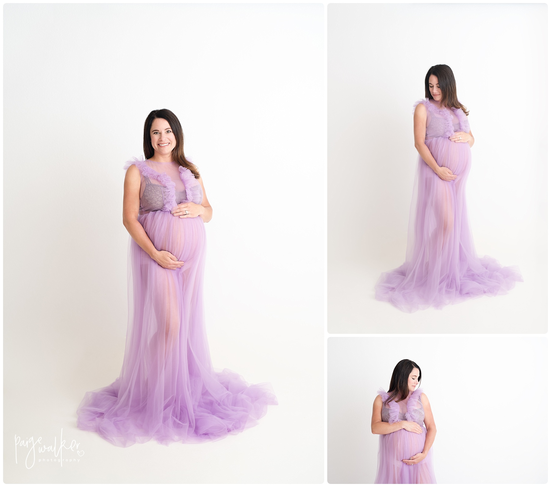 mom to be in a glamorous purple dress