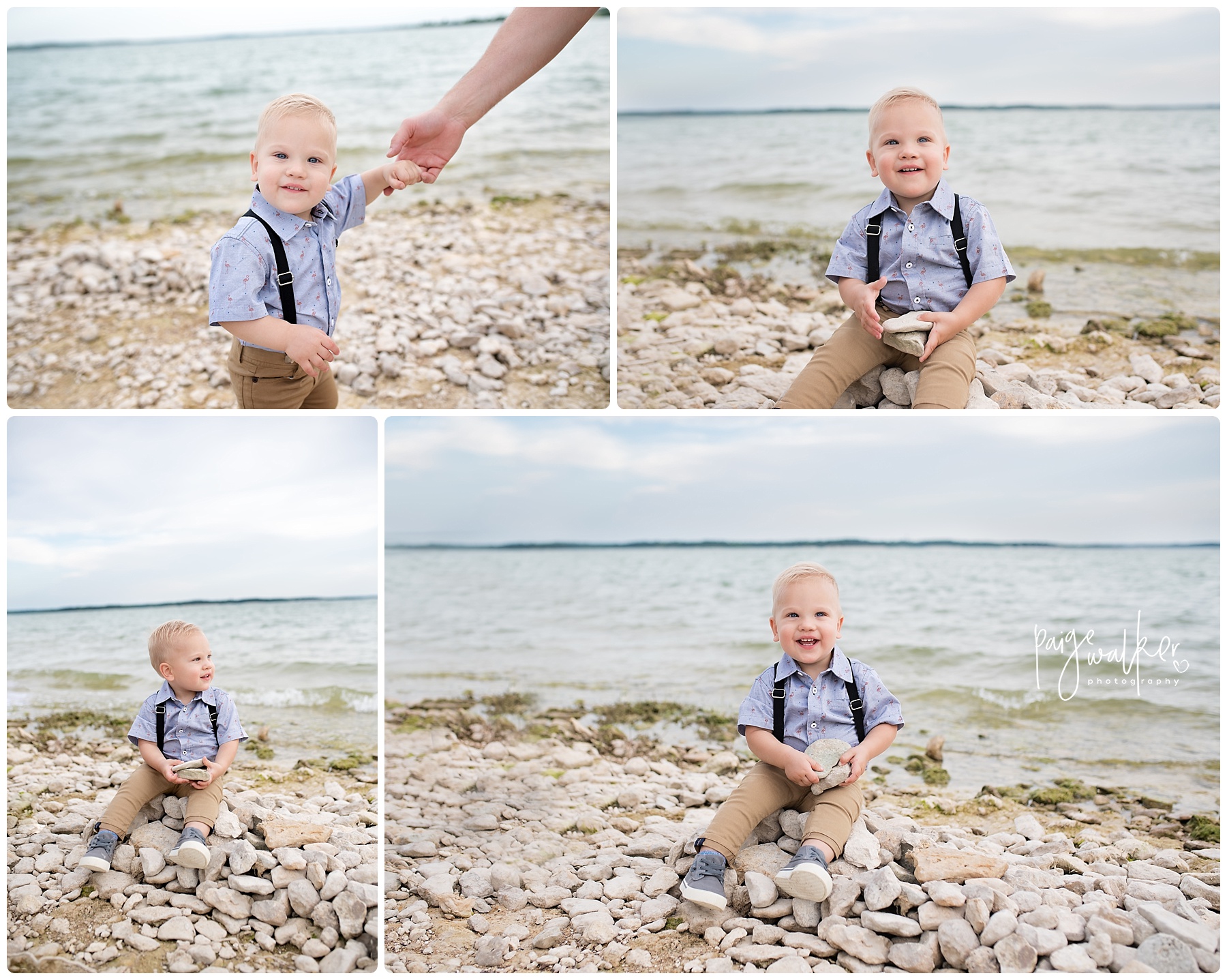 baby boy sitting on rocks by the water
