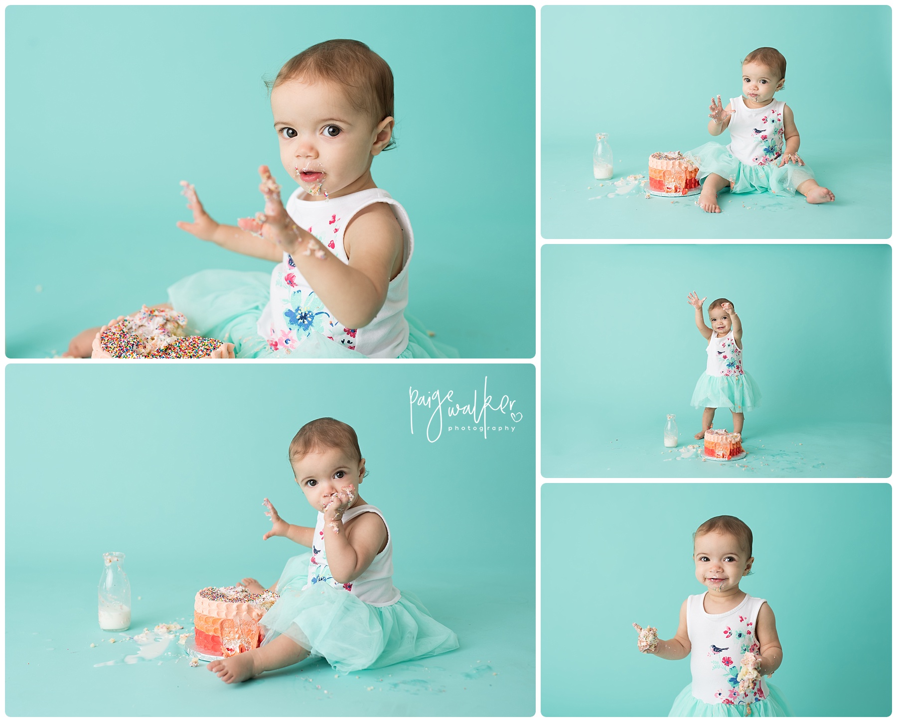 one year old girl with her cake smash