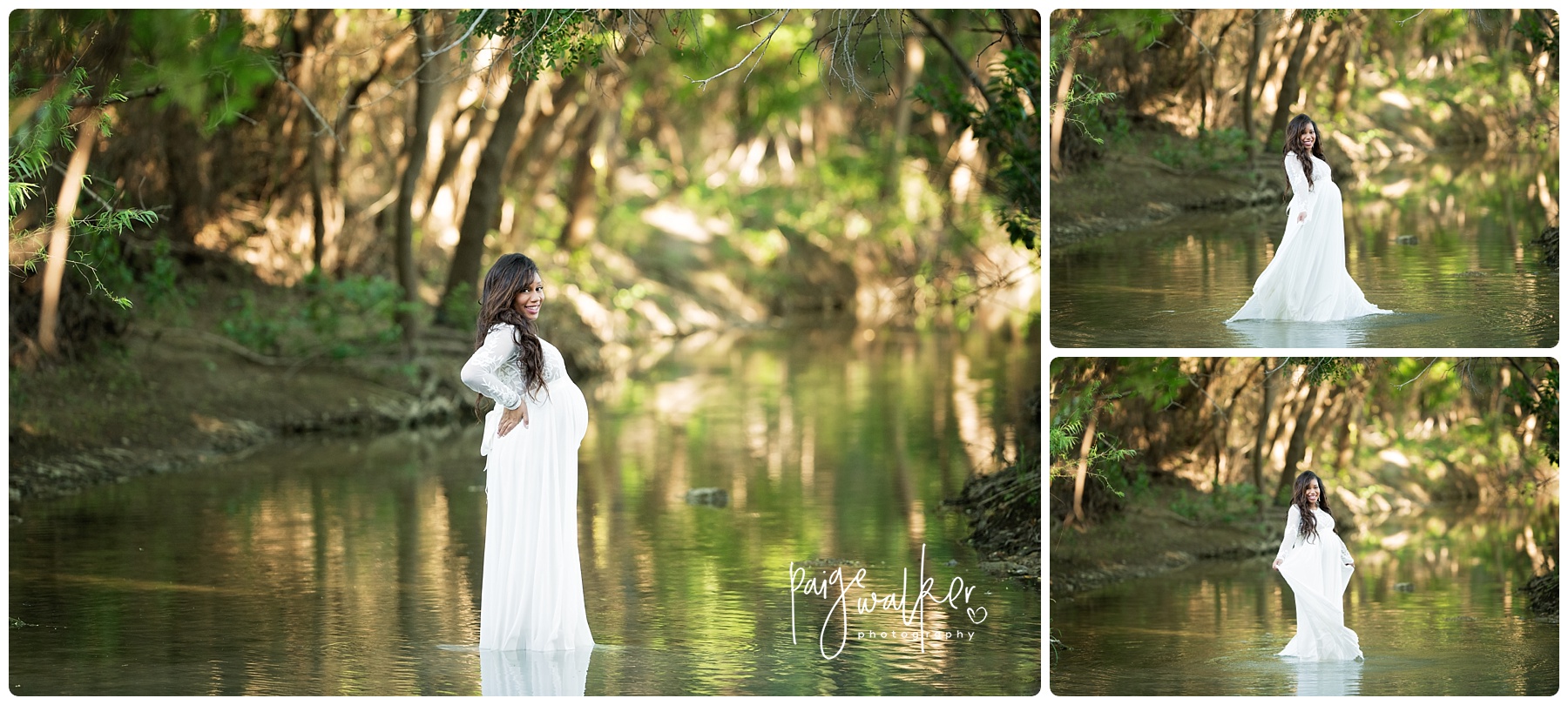 pregnant mom standing in the creek