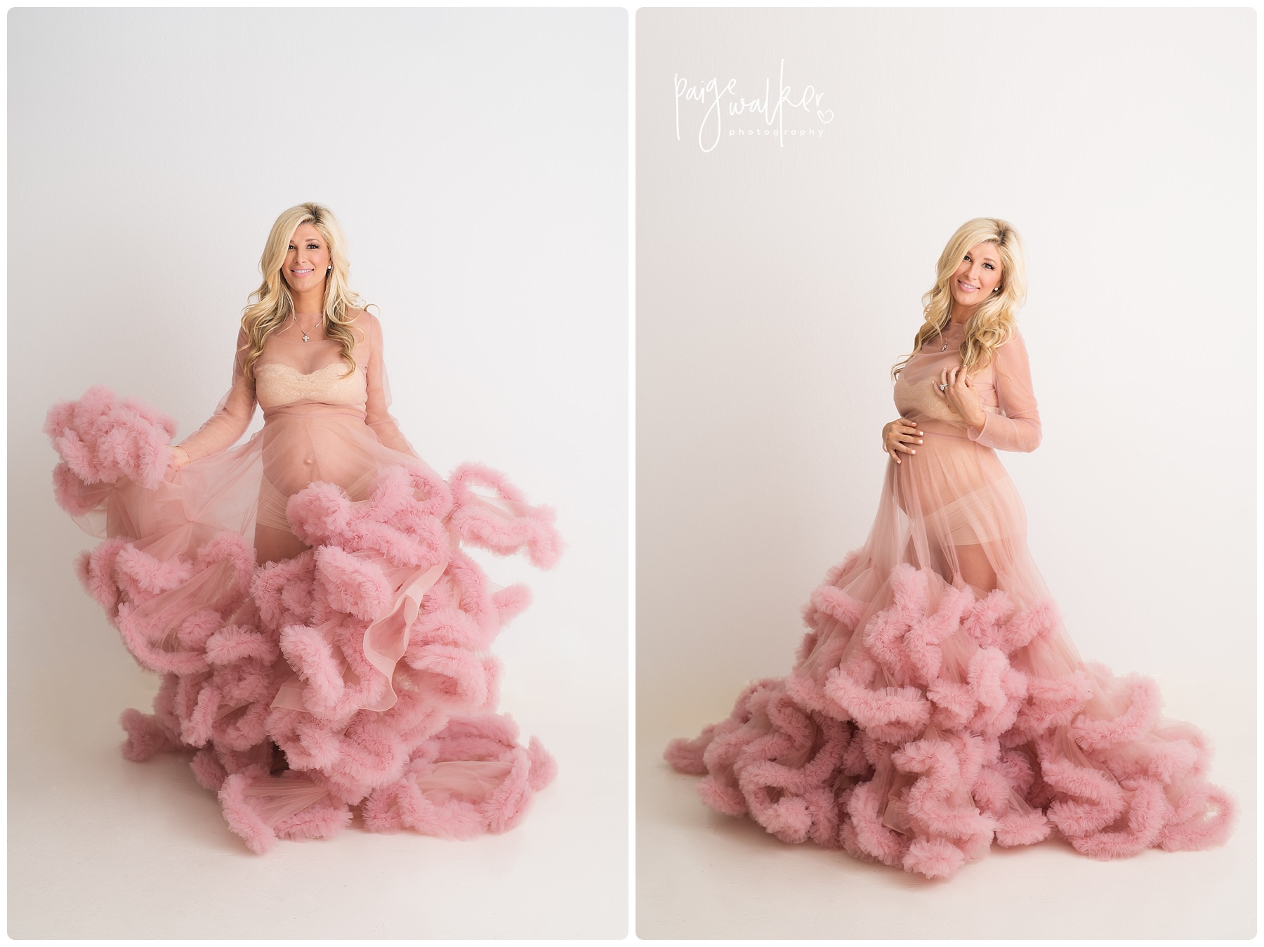 mom to be dancing in a pink fluffy dress