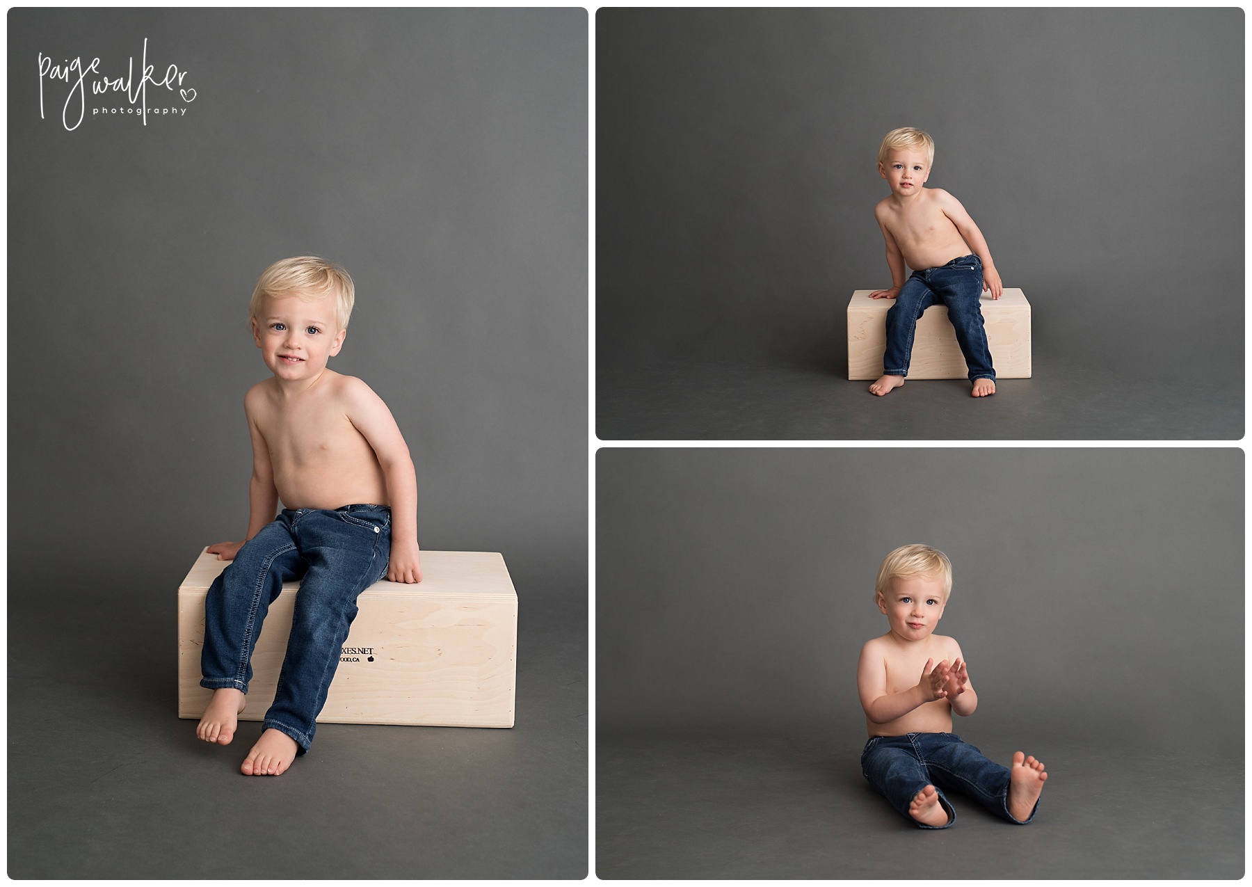little boy sitting on a wood box