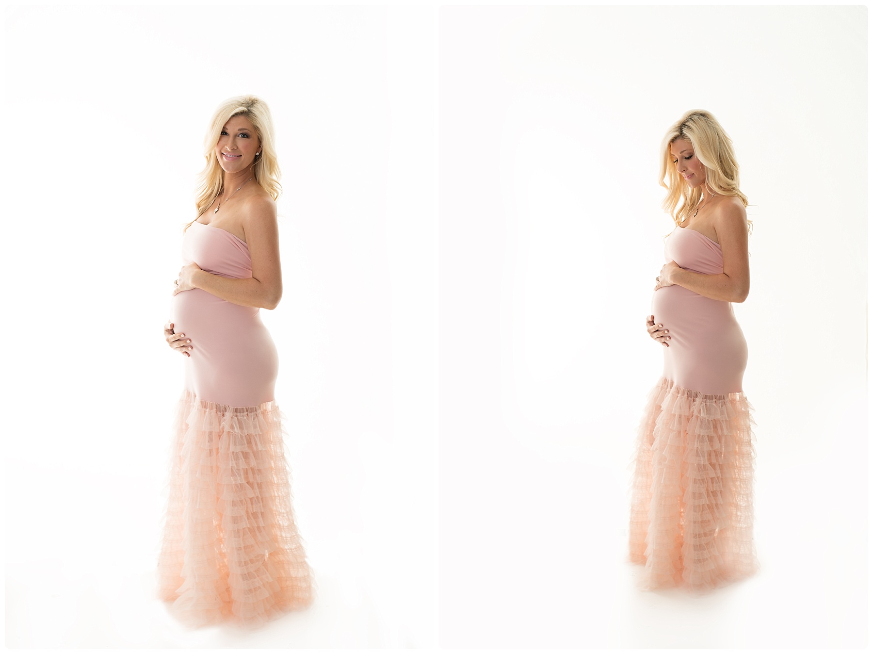 mom to be looking glamorous in pink in the studio