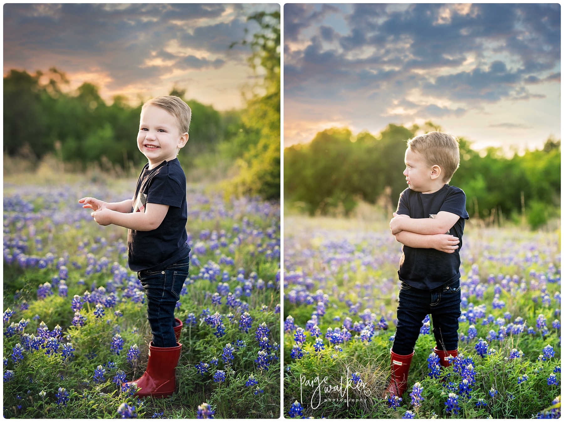 two year old boy laughing in the bluebonnets